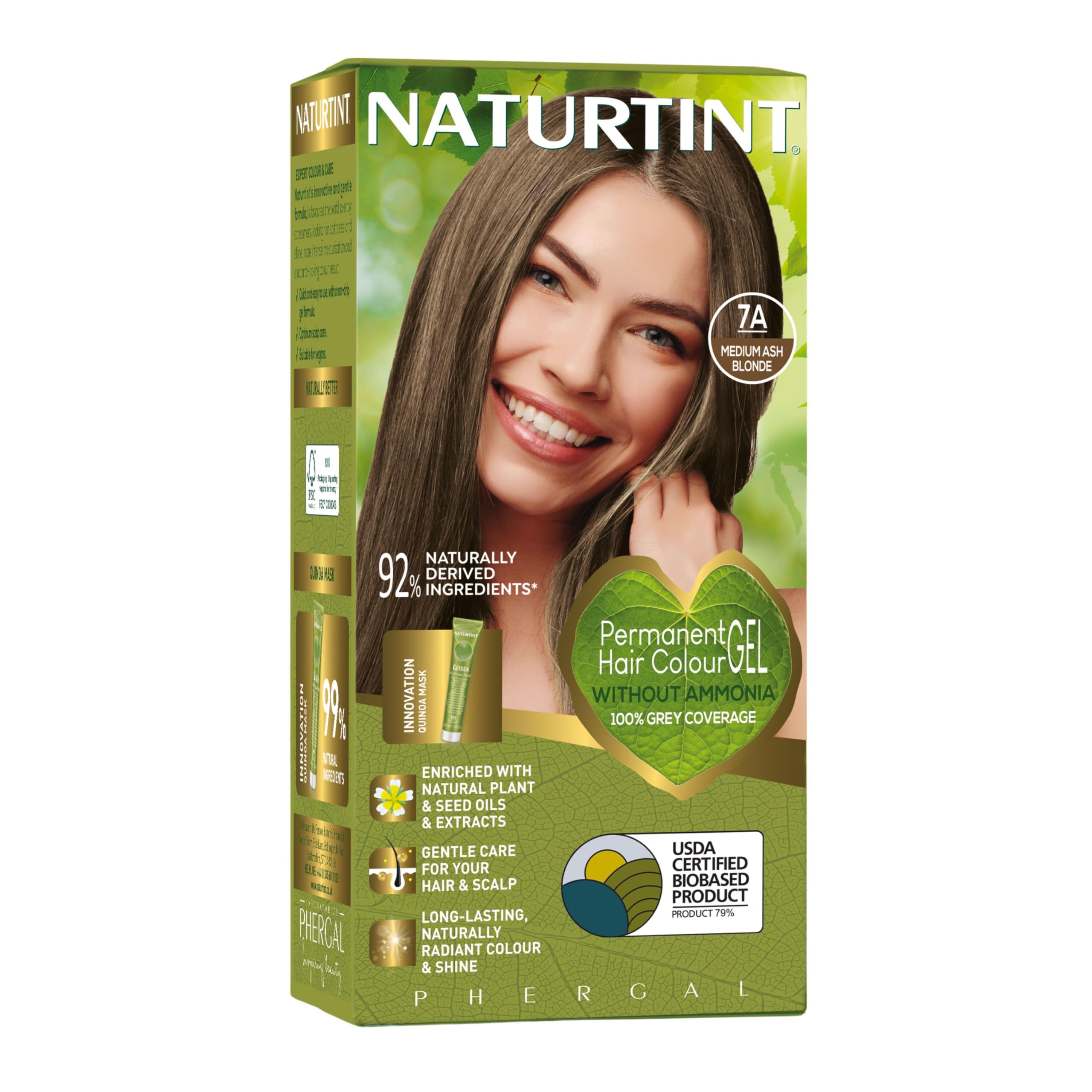 Naturtint Permanent Hair Colour Gel 7A Medium Ash Blonde, Plant Enriched, Biobased, Ammonia Free, Long Lasting Grey Coverage and Radiant Colour, Nourishment and Protection