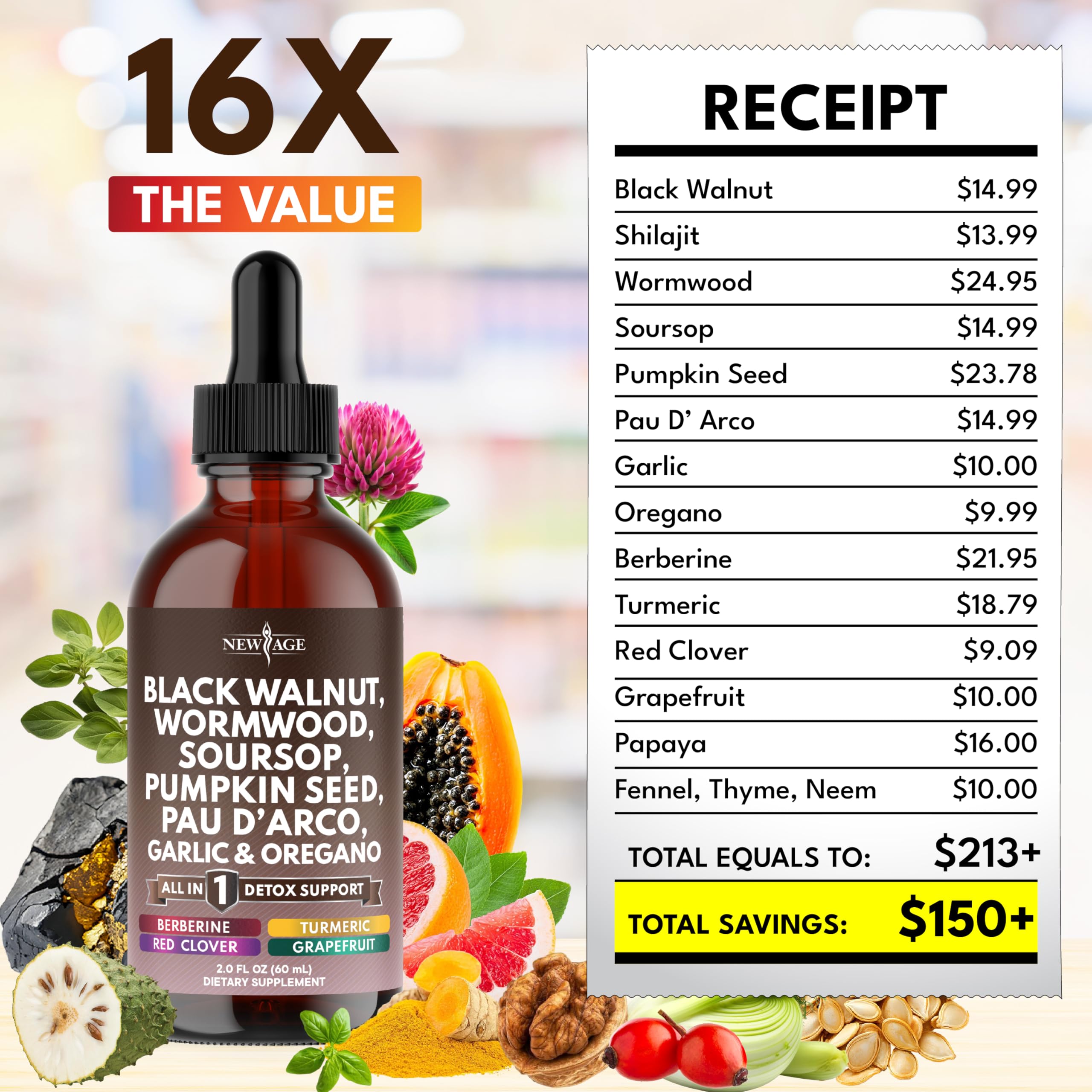 Black Walnut Wormwood Cleanse Drops - Liquid Soursop, Garlic, Pumpkin Seed, PAU D'Arco, Oil of Oregano, Turmeric, Berberine, Neem Extract, Hull Bark, Tincture - 8oz