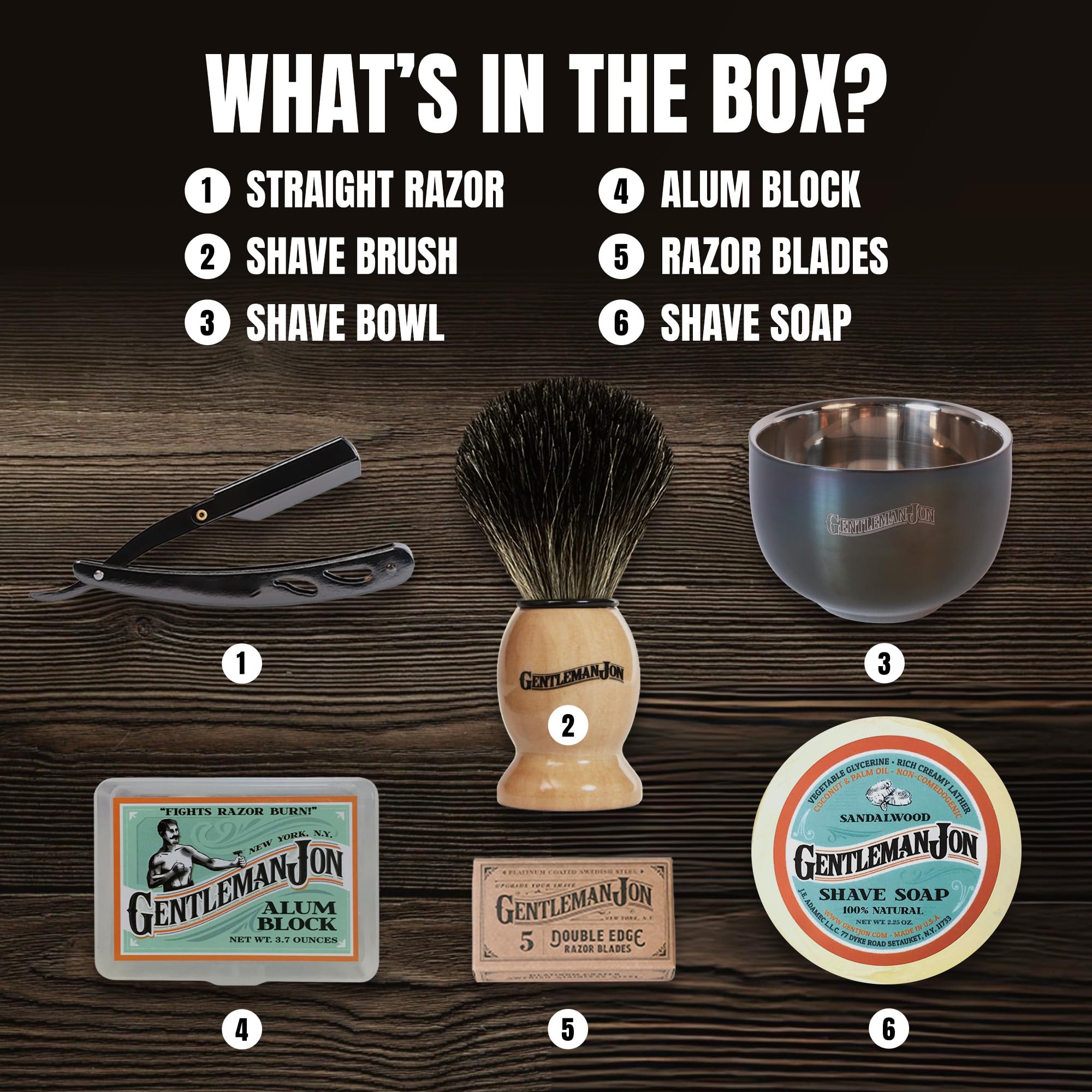 Gentleman Jon Straight Razor Shaving Kit - Vintage Wet Shave Grooming Set, Includes Straight Edge Razors for Men, Badger Hair Shaving Brush, Alum Block, Shave Soap, Bowl & Double Edge Safety Blades