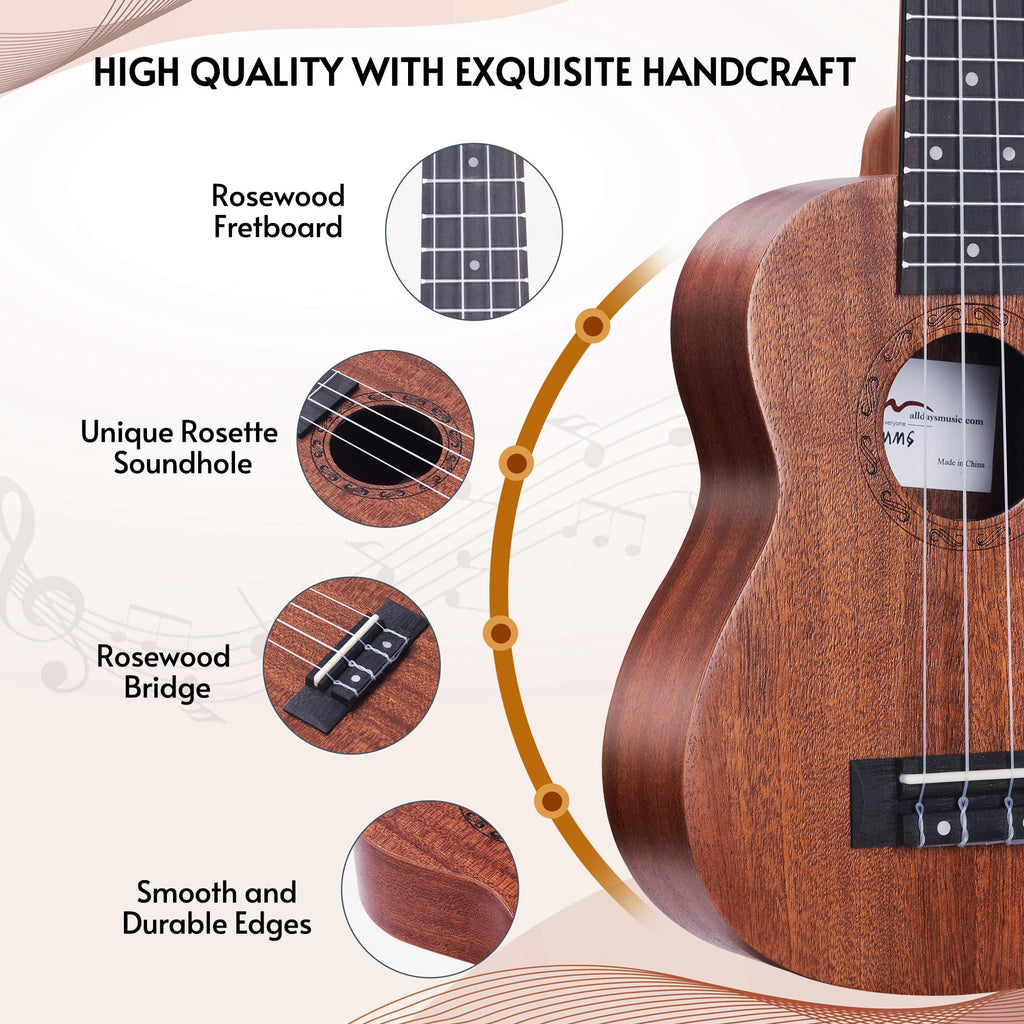 ADM Ukulele Beginner Kit Mahogany Hawaiian Wood Ukelele Bundle Ukalalee Set with Uke Free Starter Lessons for kids Students and Adults, Yellow Brown (Khaki, 21 inch)