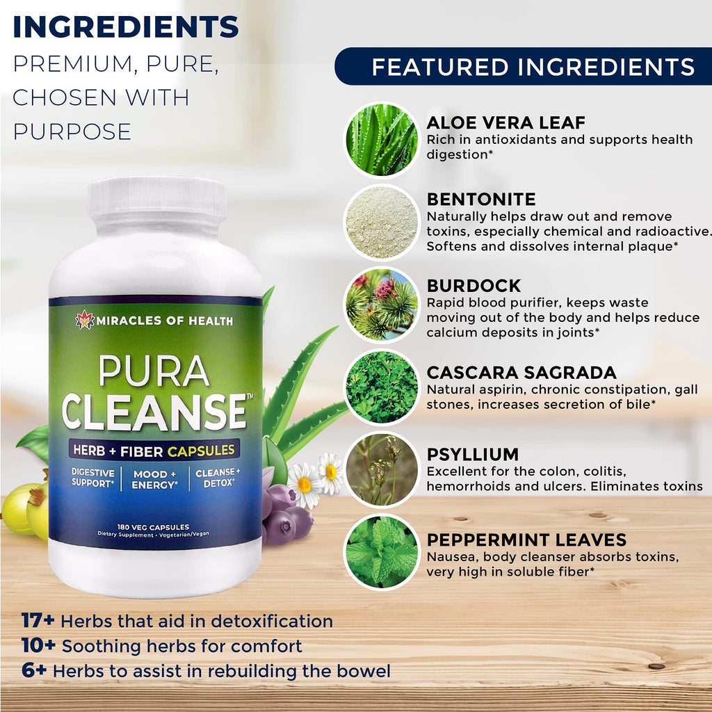 Miracles of Health Pura Cleanse Fiber Caps | 100% Natural Herb and Fiber Detox Capsules - Daily Cleanse and Detox for the Colon, Skin, Lungs and Kidneys - 1 Month Supply