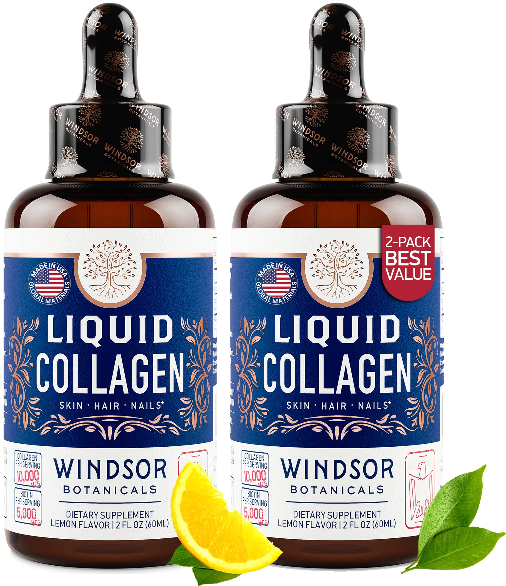 Concentrated Liquid Collagen Peptides Supplement - 30,000mcg Hydrolyzed Liquid Collagen for Women plus Biotin Hair, Skin, Nail Support - Sublingual Drops or Natural Lemon Drink 2x2oz