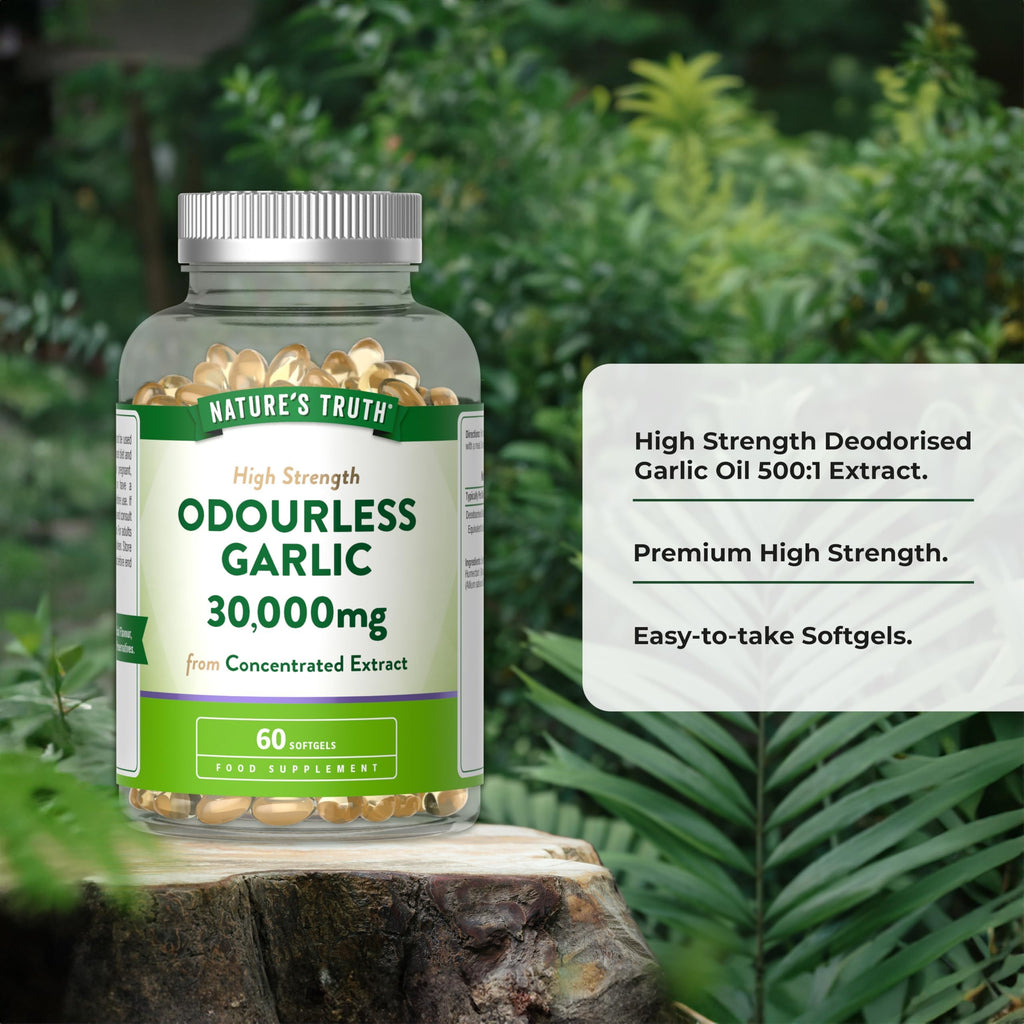 Odourless Garlic Capsules 30,000mg | High Strength Concentrated Garlic Oil Extract | 60 Softgels | Nature's Truth