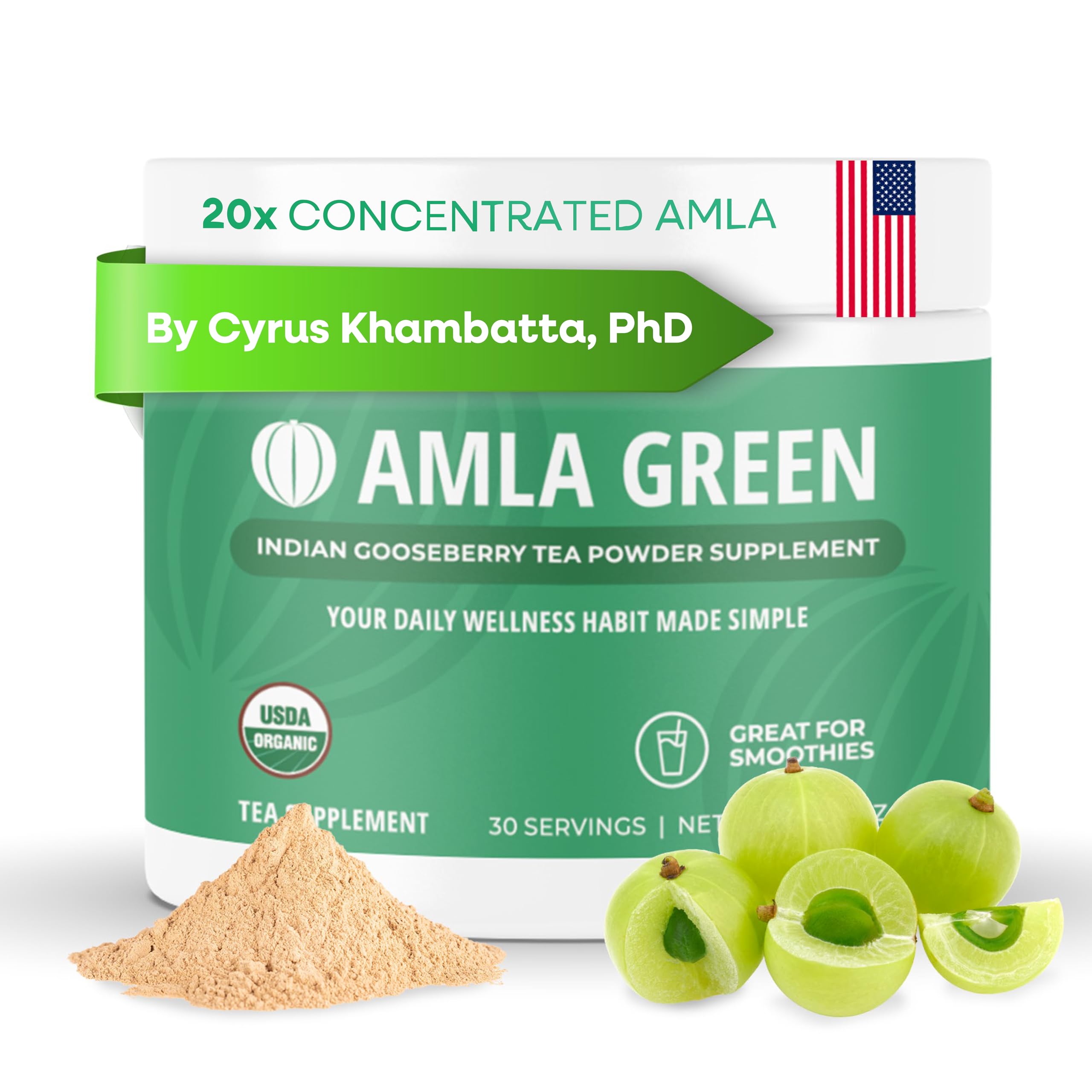Amla Powder & Green Tea Superfood Supplement, 20x Ultra Concentrated Amla, Antioxidant Support, Made with Oolong Tea and Indian Gooseberries, Organic, Vegan, Classic Flavor, 30 Servings