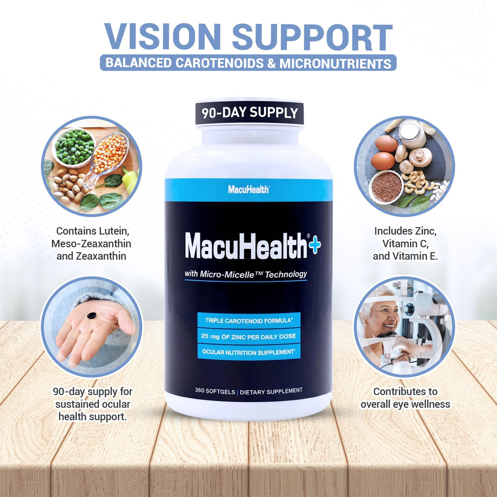 MacuHealth Plus+ Eye Vitamins Supplement for Adults - 90 Day Supply with Lutein, Zeaxanthin, and Meso-Zeaxanthin - Unflavored, Vitamin for Eyes