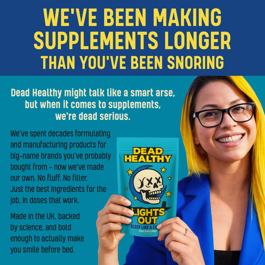 Dead Healthy Lights Out – Premium Night-Time Sleep Support with Magnesium, L-Theanine, Lemon Balm & Tart Cherry – 60 Vegan Capsules – Made in the UK