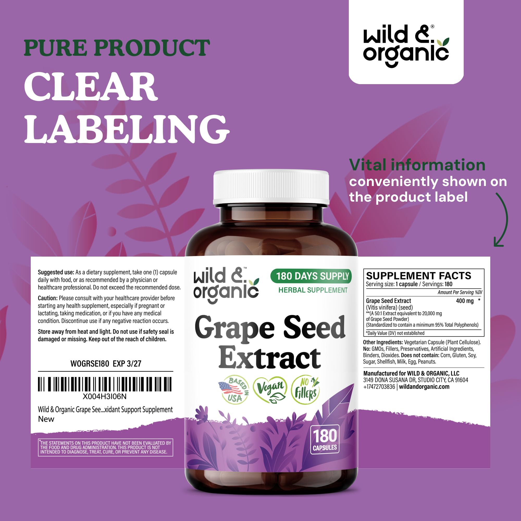 Wild & Organic Grape Seed Extract Capsules - Antioxidant Support - Grapeseed Extract 400 mg - 95% Polyphenols - 180 Vegan Capsules - 6 Month Supply - Non-GMO