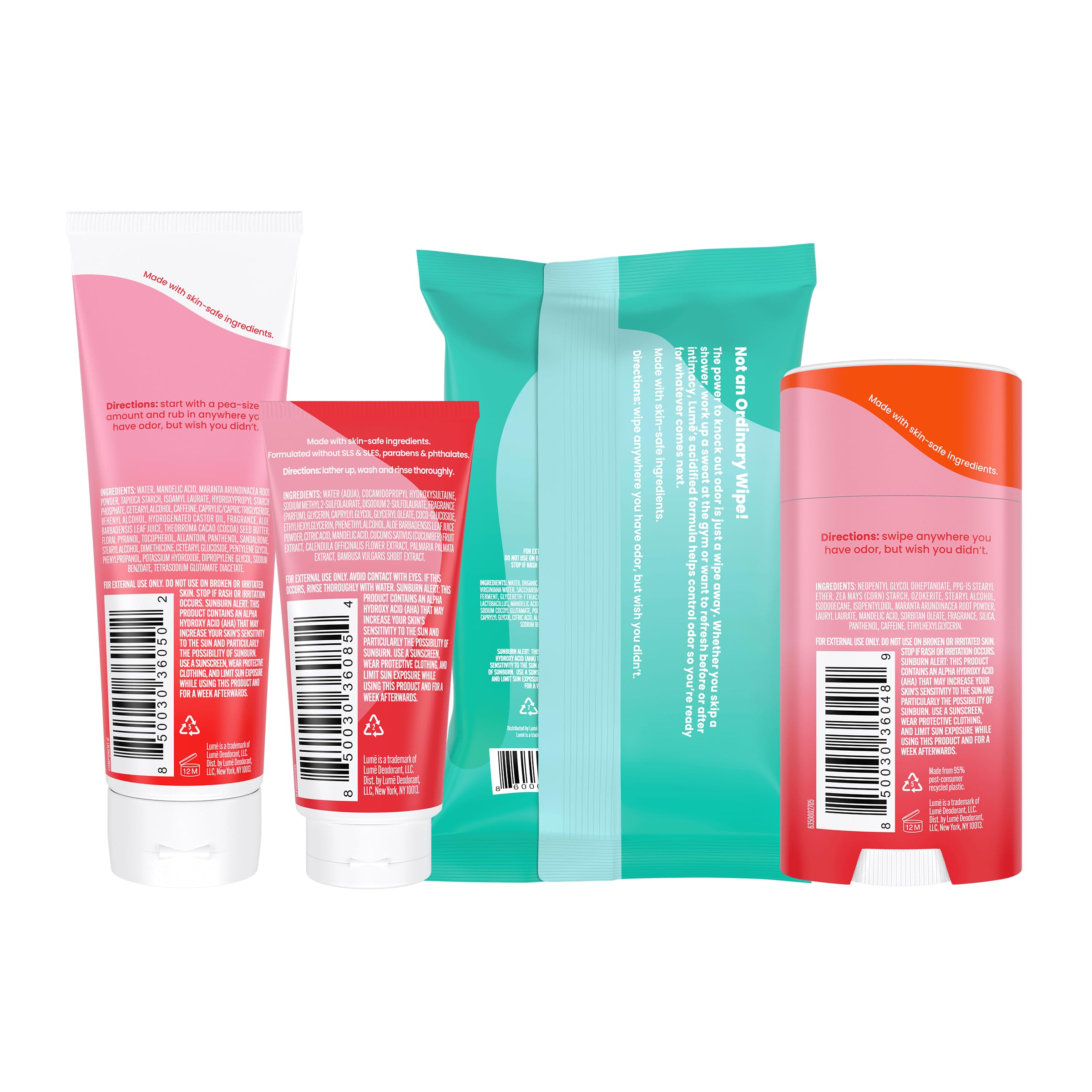 Lume Skin Care Gift Set for Women, Whole Body Deodorant Starter Pack - Smooth Solid Stick, Invisible Cream Tube, Acidified Body Wash Mini & Deodorant Wipes - Aluminum Free Odor Control (Peony Rose)