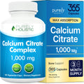 Calcium Citrate 1000mg | Healthy Bone & Teeth Support | High Absorption Cal Citrate | Gentle on Digestion | Vegan & Non-GMO | 3 Month Supply | Calcium Supplements for Women & Men | 365 Capsules
