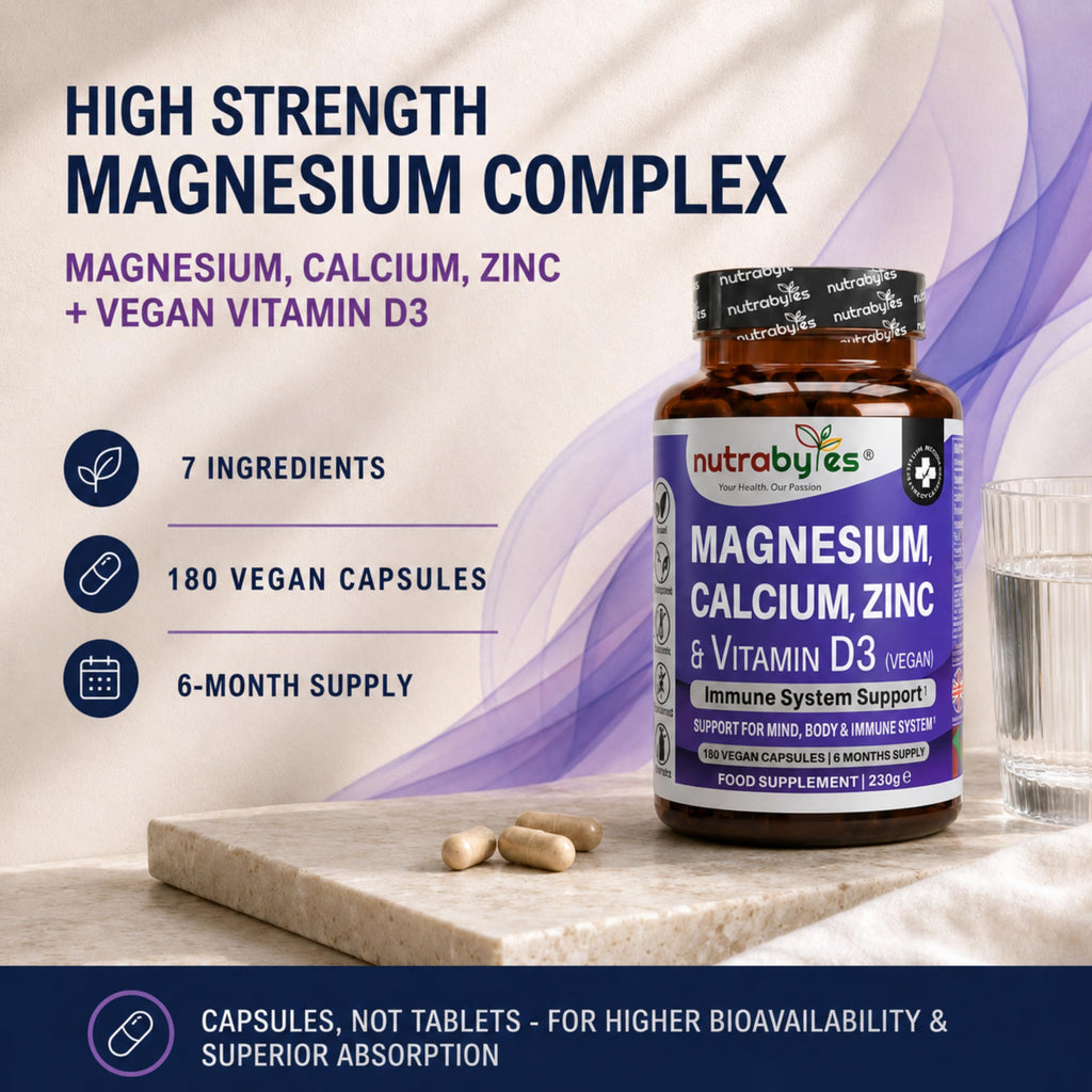 Magnesium, Calcium, Zinc, Vitamin D3 | 180 Vegan Capsules | Made in UK