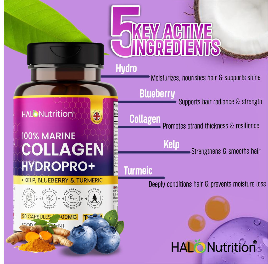 Halo Nutrition Pure Marine Collagen Capsules 1400mg | Halal Collagen Supplements for Women & Men Enhanced with Hyaluronic Acid, Vitamin C, Turmeric & Biotin Supports Hair, Skin, & Joint | 90 Capsules