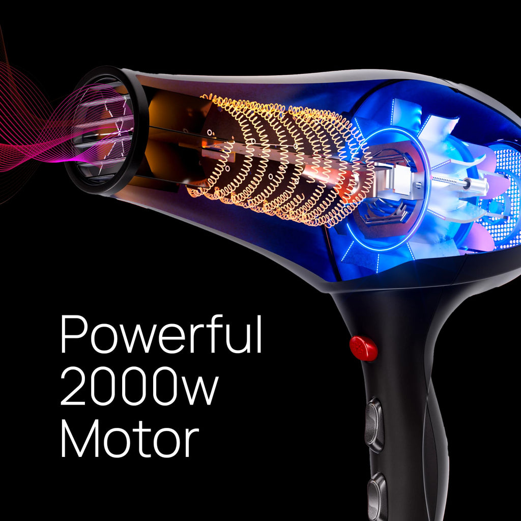TREZORO Professional Hair Dryer with Diffuser, Ionic Ceramic Tourmaline Technology, 2000W Fast Quiet Drying, With Narrow & Wide Concentrator Nozzles, 3 Heat & 2 Speed Settings, Cool Shot Button, Black