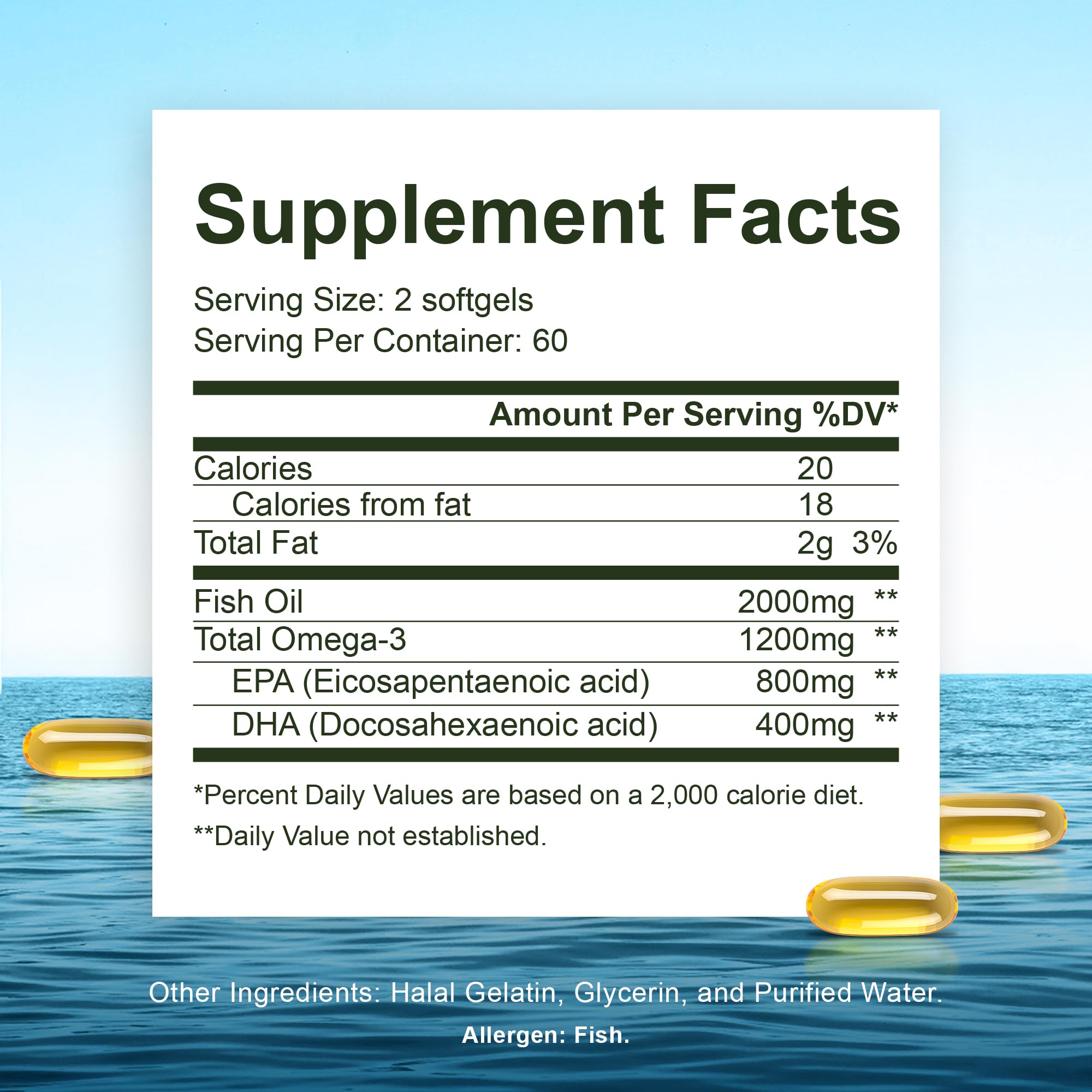 Noor Vitamins Halal Fish Oil, Halal Vitamins, Ultra Omega 3 Wild Peruvian Fish (800 mg EPA & 400 mg DHA) Heart, Brain & Joint Support, Non-GMO and Gluten Free (120 Count)