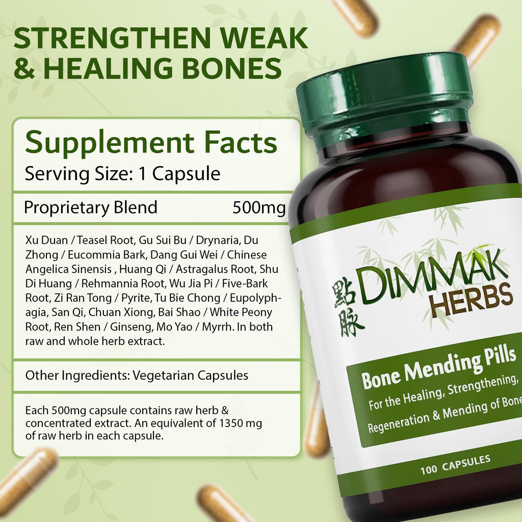 Dimmak Herbs Bone Mending Pills- Rapid Fracture & Broken Bone Healing Supplement- Advanced TCM Formula with Drynaria- Stress Fracture & Osteoblast Support- Organic- 500mg 100 Capsules
