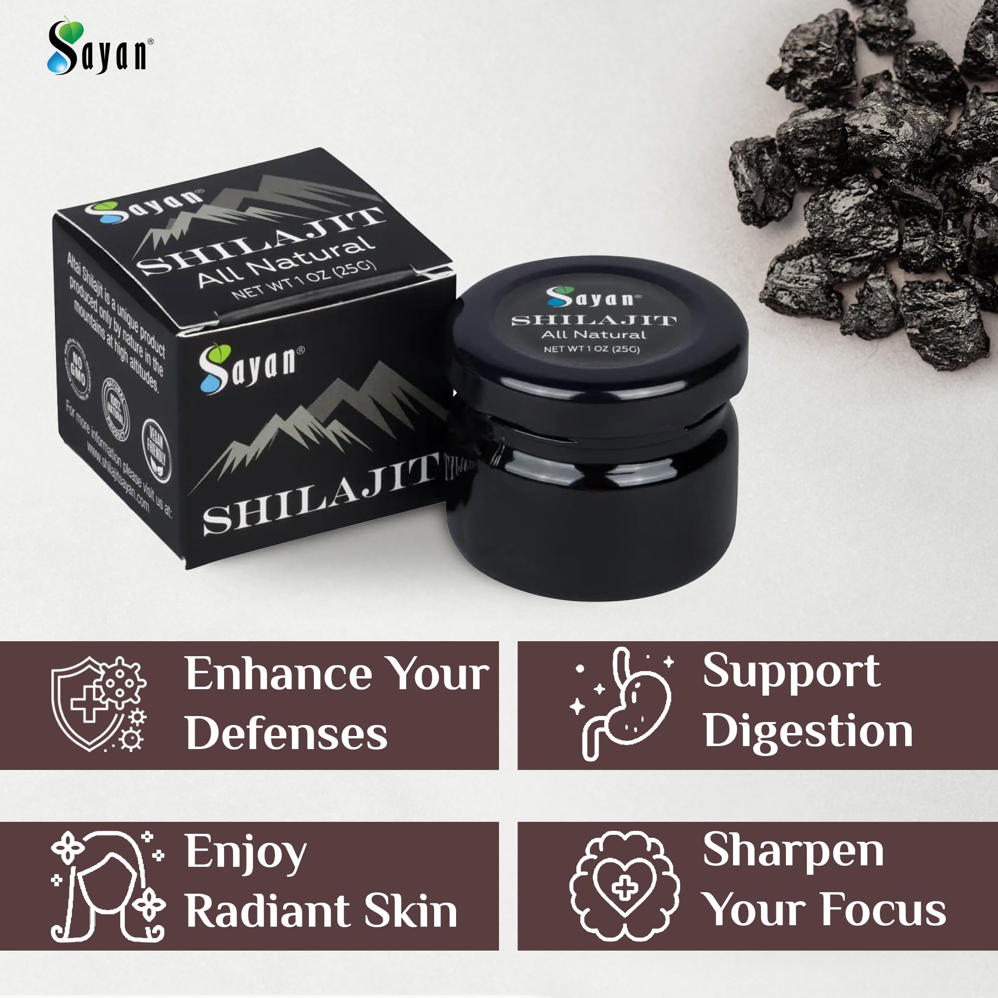 Sayan Pure Shilajit Resin 1oz/25g, Glass Jar, 250 Servings - Potent Organic Fulvic Acid Supplement - Supports Immune System, Memory, Focus, and Provides Natural Energy, Detox - Vegan, Non-GMO