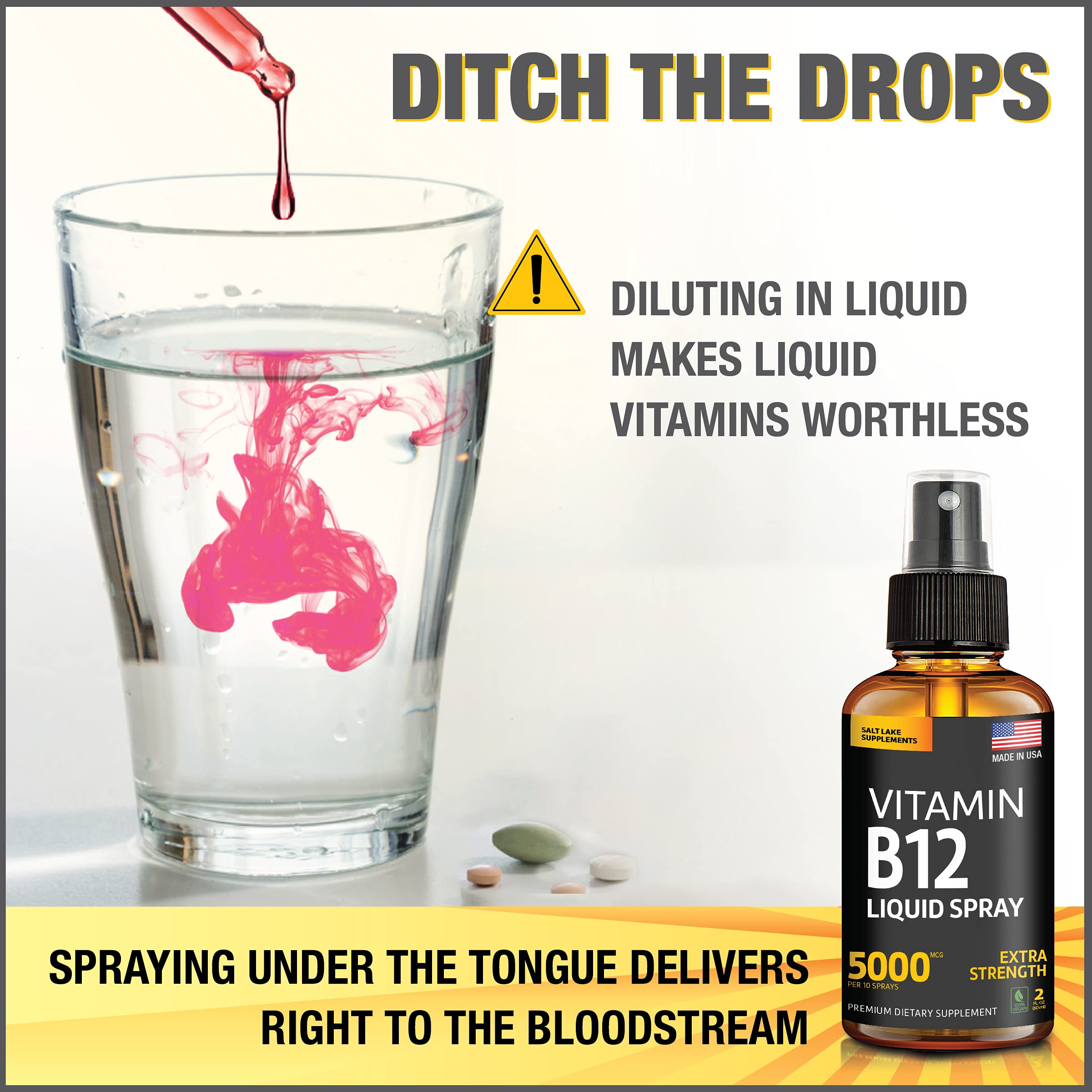 (2 Pack) - Liquid B12 Spray 5000 mcg - Vitamin B12 Sublingual - Vegan B12 Vitamin Spray - Methylcobalamin Vitamin B12 Liquid Boosts Energy & Mood - Gluten-Free & Non-GMO (5000 mcg in 10 Sprays)
