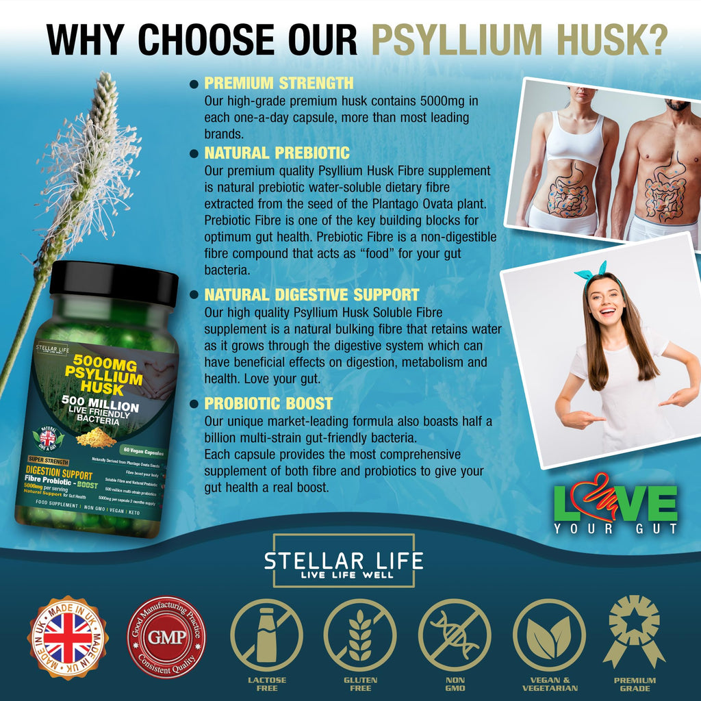 Fibre Supplement 5000mg Psyllium Husk with 500 Million Multi-Strain Probiotic - High Strength - Natural Soluble Fiber Supplement Plantago Ovata Seeds 2 Month Supply Psyllium Husks Capsules Vegan, UK