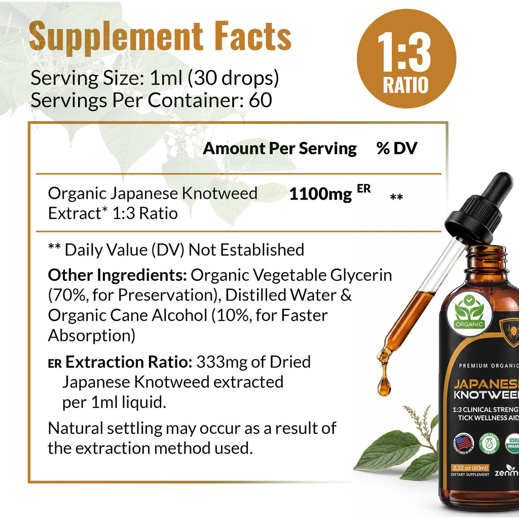 Zenmen Japanese Knotweed Premium Resveratrol USDA 3rd Party Tested Tincture 60ml/2.32 Oz - 1:3 Clinical Strength Ratio - Tick Wellness Aid and Immune Support Supplement - Made in The USA