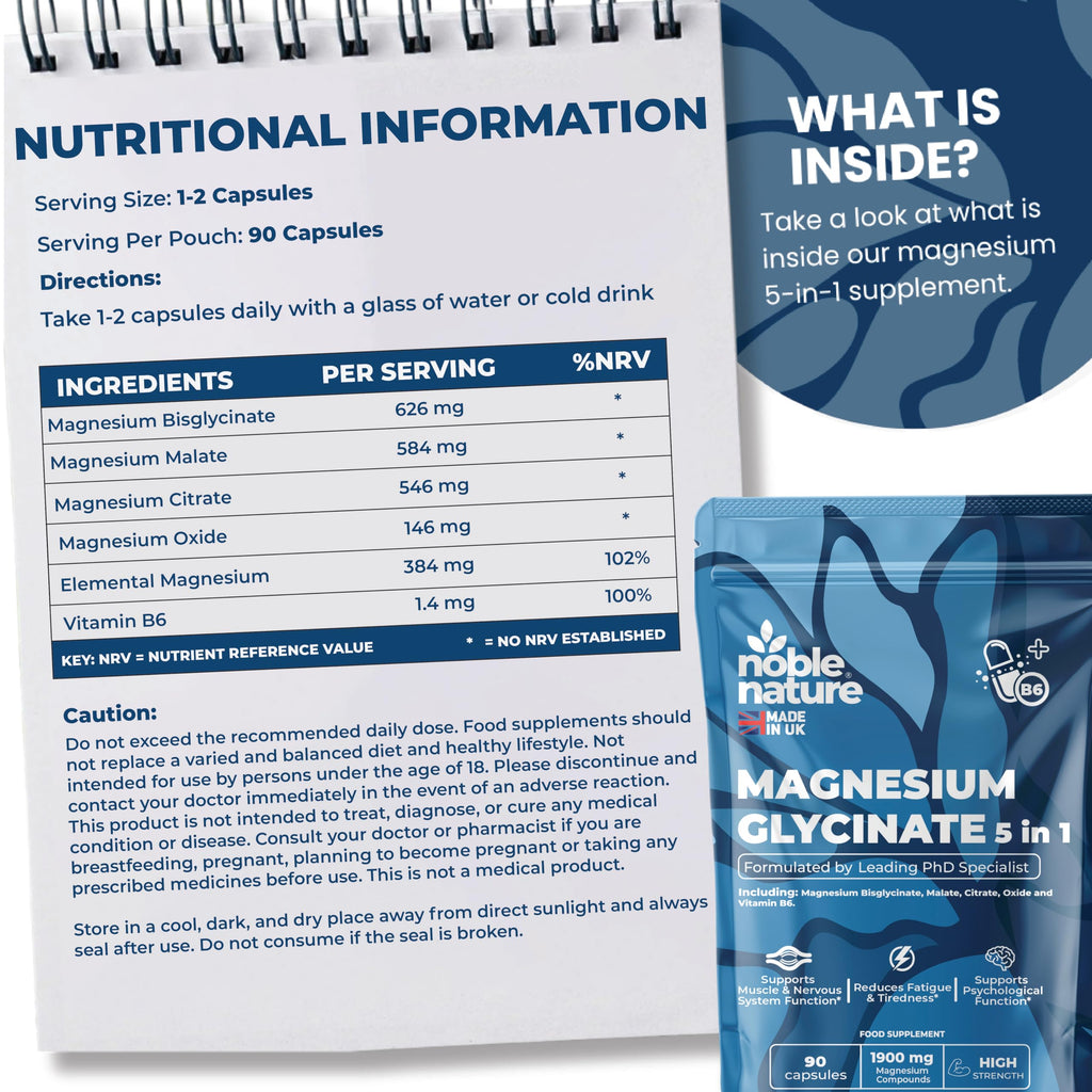 Magnesium Glycinate 5-in-1 Complex Formulated by PhD Expert High Strength 1900mg Supplements as Bisglycinate, Malate, Citrate, Oxide & Vitamin B6-90 GMO Free Capsules, 384mg Elemental, UK Made (90)