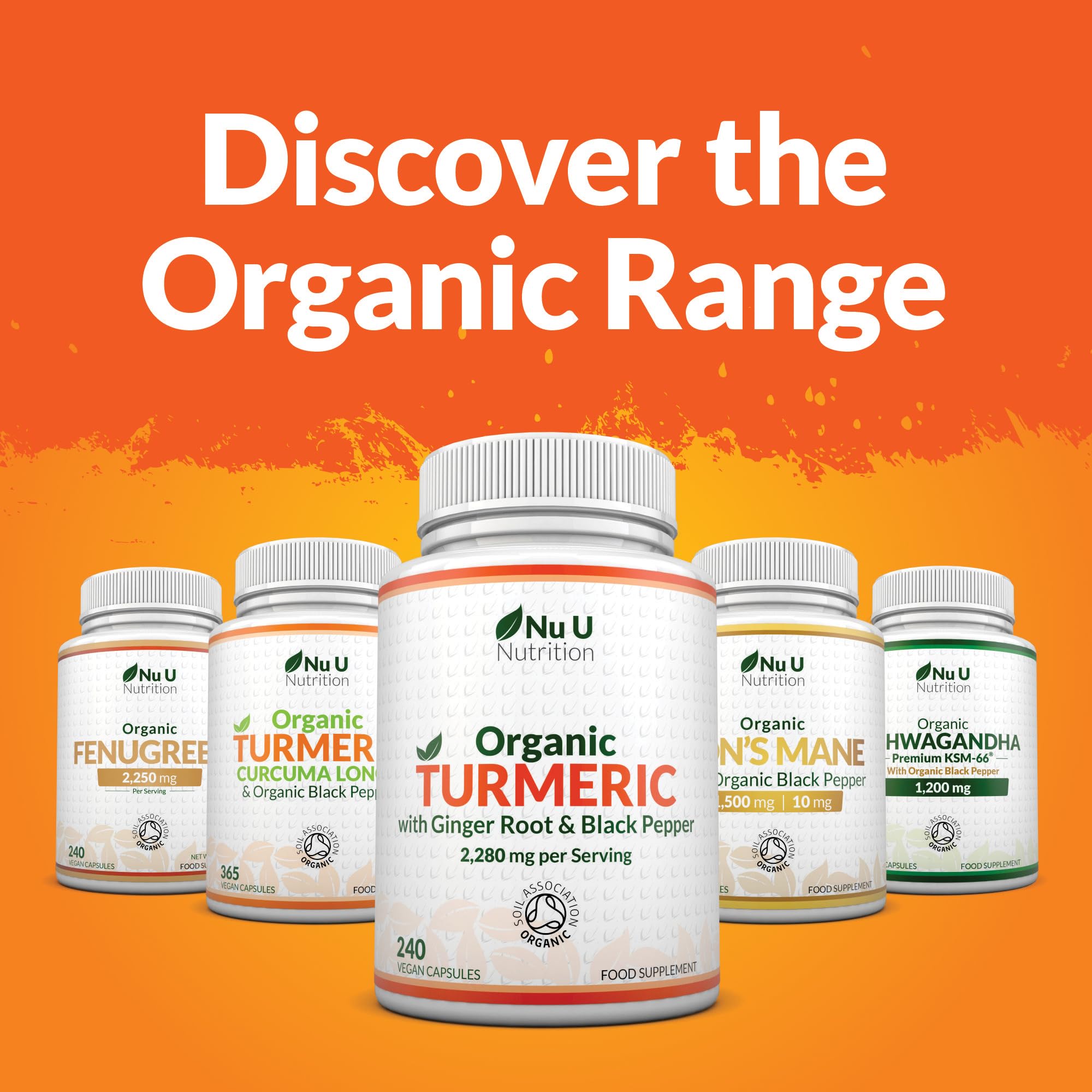 Organic Turmeric Ginger & Black Pepper 2280mg - 240 Vegan Capsules not Tablets - High Strength Tumeric Curcumin - Joints Herbal Supplement for Men and Women - Made in the UK - Nu U Nutrition