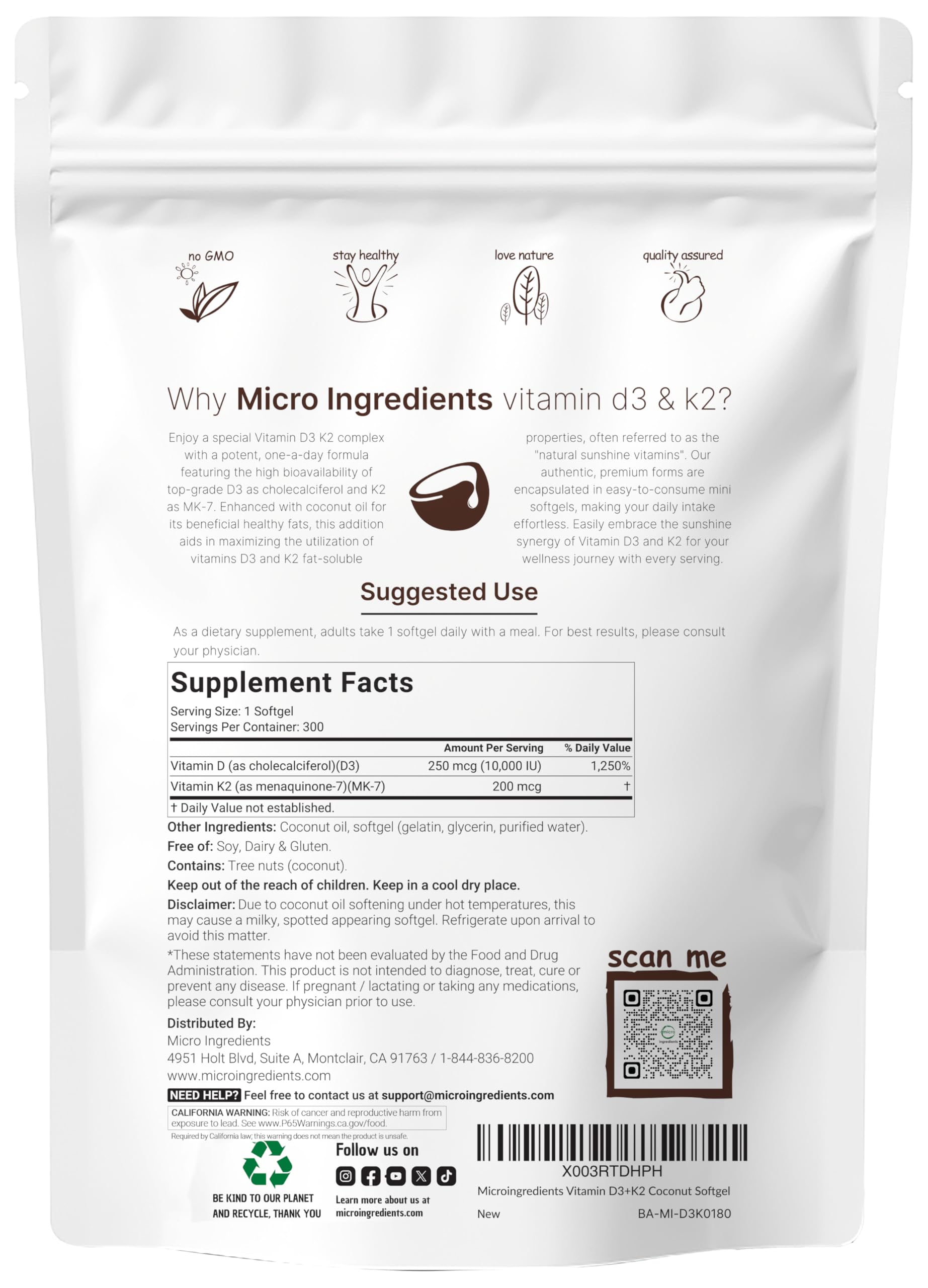 Micro Ingredients Vitamin D3 10,000 IU + K2 MK-7 200 mcg, 300 Softgels with Virgin Coconut Oil | 2-in-1 Vitamins D & K Complex | Extra Strength, Easy to Swallow, Non-GMO, Gluten Free