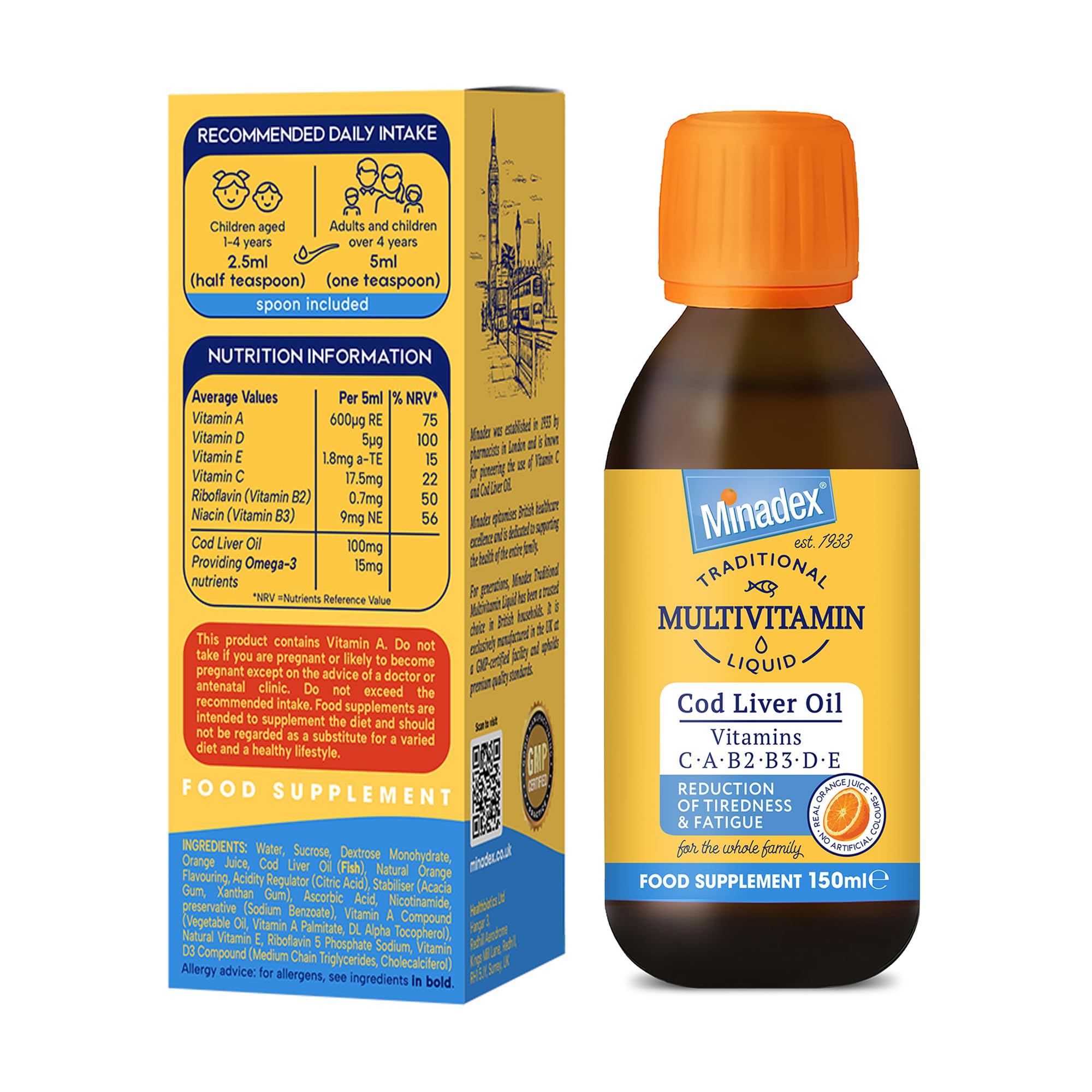Minadex® Multivitamin Liquid with Cod Liver Oil for Adults & Kids, Delicious Orange Flavour, Vitamins C, A, B2, B3, D, E & Omega-3, Boost Energy & Reduces Tiredness, Supports Immunity, 150ml
