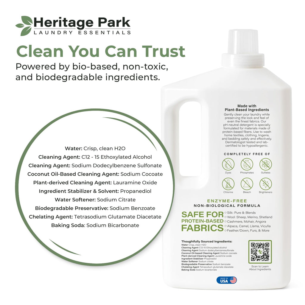 Heritage Park Silk & Wool Fragrance Free, Hypoallergenic, pH-Neutral Laundry Detergent - Dermatologist-tested, Sensitive Skin-Friendly, Enzyme-Free, Concentrated Up to 128 loads (64 fl oz)
