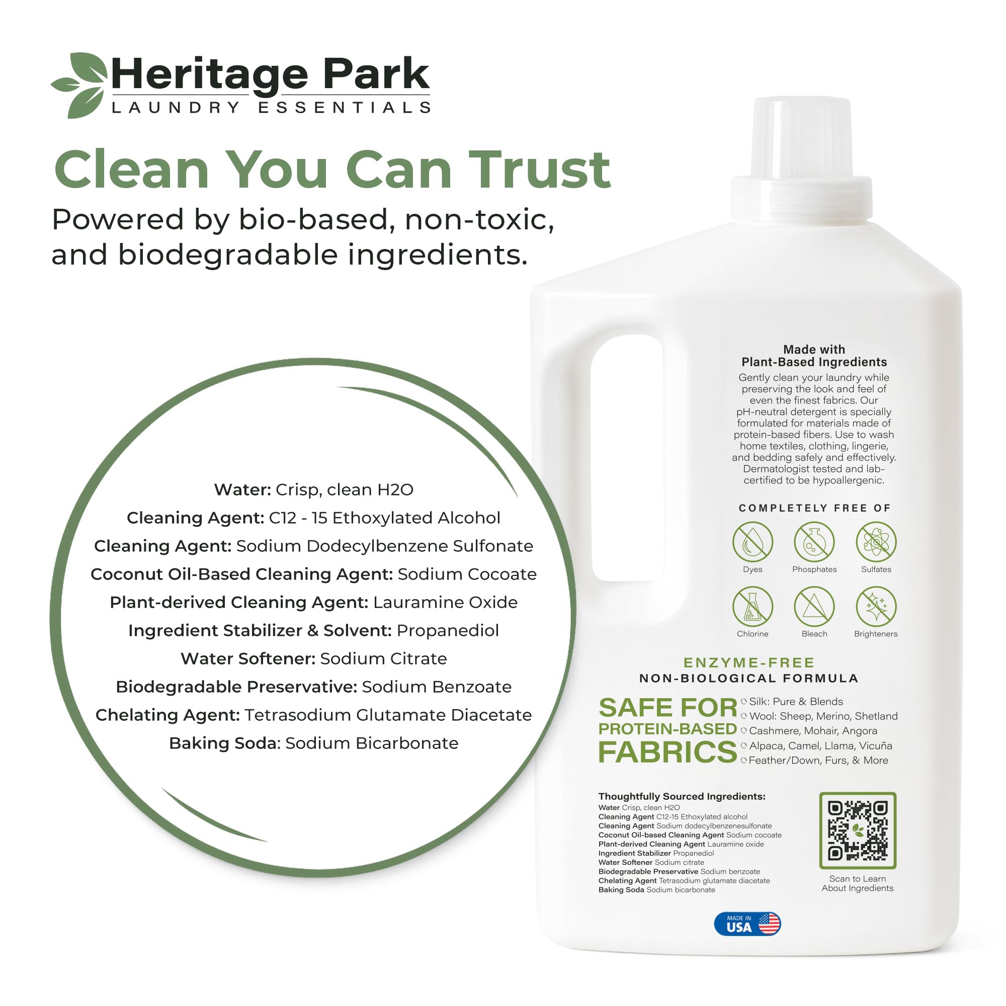 Heritage Park Silk & Wool Fragrance Free, Hypoallergenic, pH-Neutral Laundry Detergent - Dermatologist-tested, Sensitive Skin-Friendly, Enzyme-Free, Concentrated Up to 128 loads (64 fl oz)