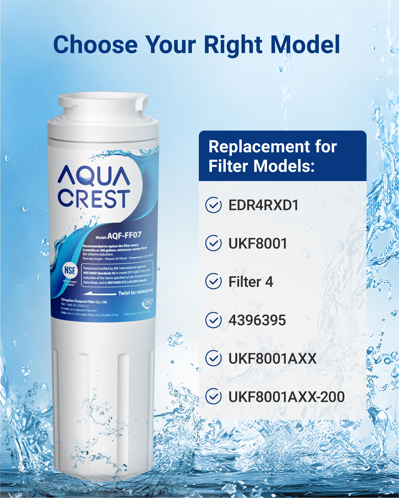 AQUA CREST UKF8001 Refrigerator Water Filter, Compatible with UKF8001P, UKF8001AXX-750, UKF8001AXX, EDR4RXD1, 4396395, Filter 4, Msd2651heb (Pack of 3)