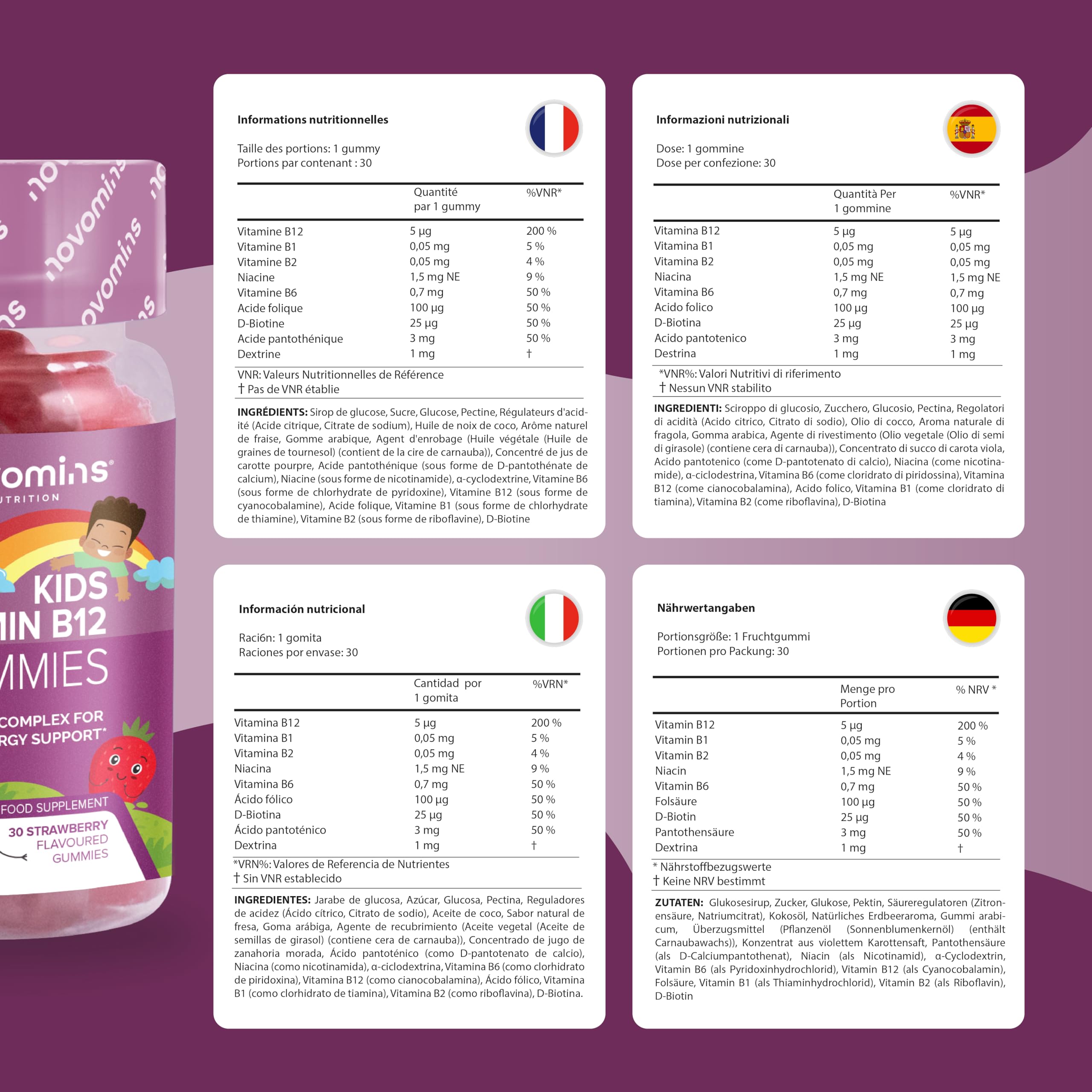 Novomins Kids Vitamin B12 Gummies - Energy & Metabolism Support Supplement - 30 Chewable Childrens B Complex Supplements – Vegan, Non-GMO - Enriched with Vitamin C, B1, B2, B6, Biotin - Made