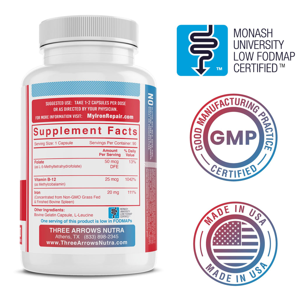 Iron Repair Plus Natural Iron Supplement Methyl B-12 & Folate, 90 Capsules