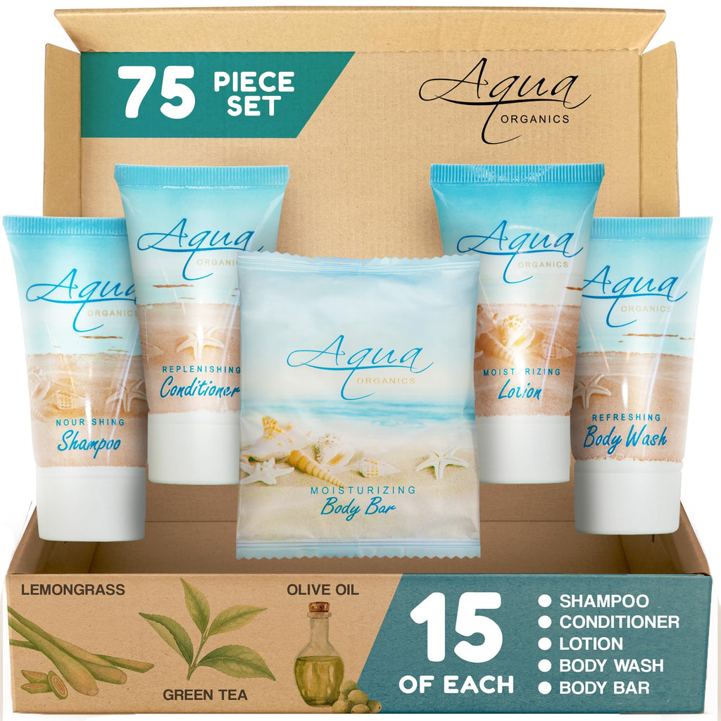 Aqua Organics Hotel Soaps & Toiletries Bulk Set | 1-Shoppe Amenities Kit | 1oz Shampoo & Conditioner, Body Wash, Lotion, 1oz Bar Soap | Travel Size | 75 Pieces