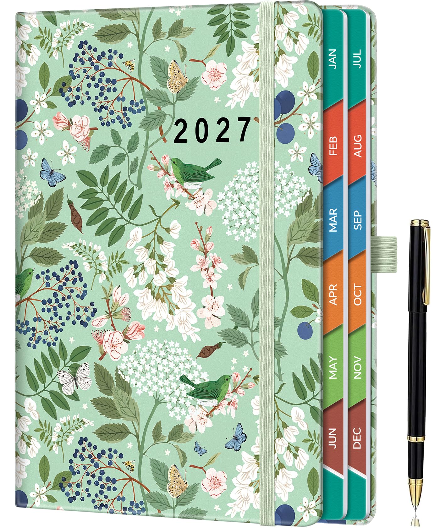 ZXHQ 2027 Diary Page a Day A5, Full Year Daily Planner 2027 with Monthly View, Jan - Dec, with Colorful Tabs, UK Holidays, Inner Pocket, 100 Gsm Paper, Pen Set, 5.9" × 8.5"- Spring Garden