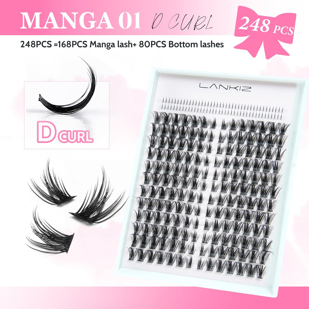 LANKIZ Manga Lashes Natural Look Lash Clusters Anime Lashes False Eyelashes Individual Lashes Extensions Korean Makeup Asian Fake Eyelashes Mink Wispy Fluffy Cluster Lashes