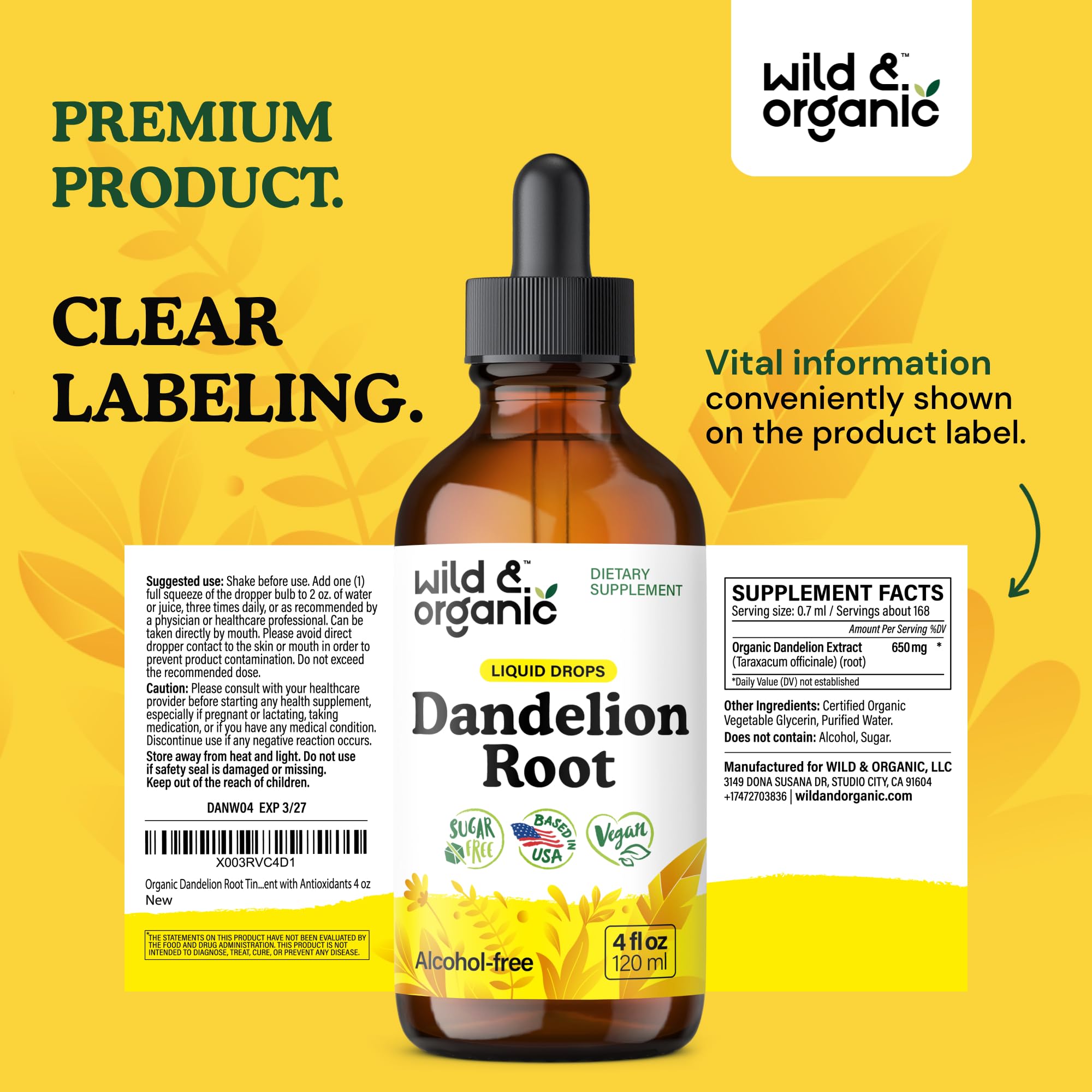 Wild & Organic Dandelion Root Extract Drops - Liver Cleanse Detox - Herbal Dandelion Tincture - Liver Support Supplement - Add to Tea - Vegan, Sugar & Alcohol-Free Liquid Drops - 4 fl oz