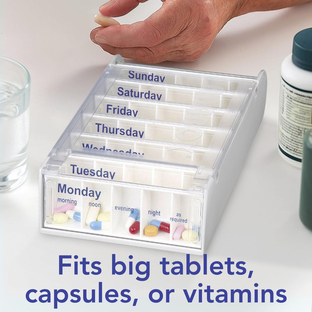 Anabox Weekly Pill Organiser, 7 Day Pill Box, Handy Organised Tablet Dispenser/Container, White, 19 x 12 x 5.4 cm