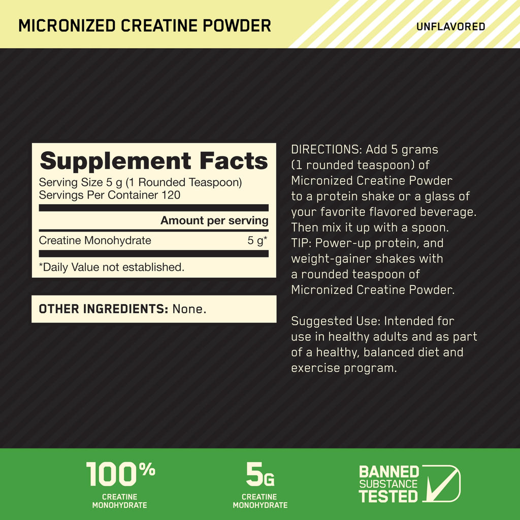 Optimum Nutrition Creatine, Micronized Creatine Monohydrate Powder, Supports Strength & Recovery, Banned Substance Tested, Unflavored, 5 g per Serving, 120 Servings