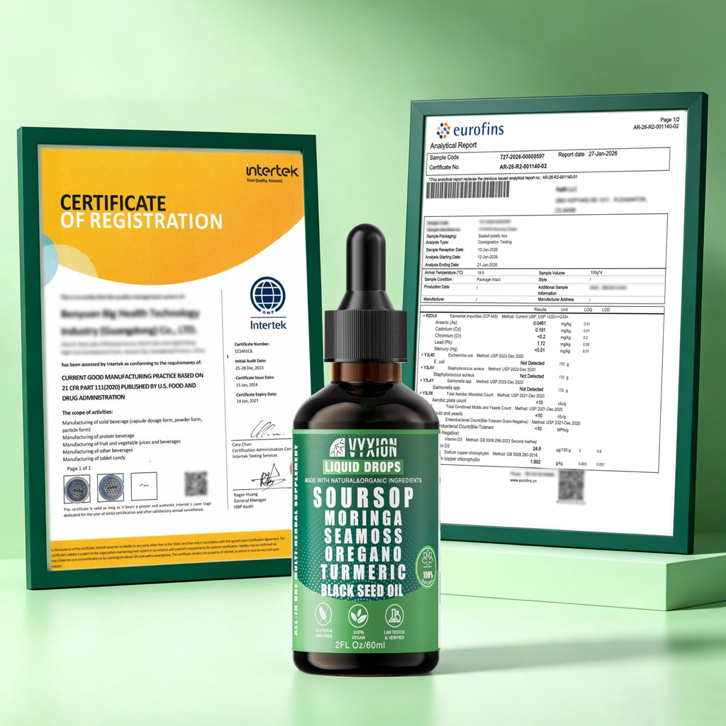 Soursop Pure Liquid Drops 10 in 1 with Sea Moss, Moringa, Turmeric, Black Seed Oil, Oregano, Ashwagandha | Herbal extracts for Overall Health | Vegan, Non-GMO | 4 Fl Oz