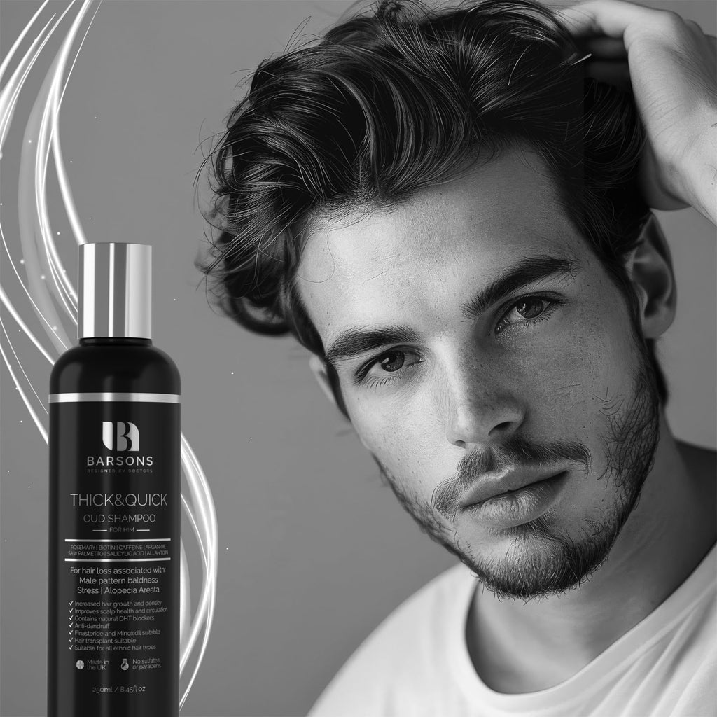 BARSONS THICK&QUICK Oud Shampoo for Men with Thinning Hair – Doctor-Formulated Hair Thickening Treatment – DHT Blocker – Hair Transplant Friendly – Rosemary, Biotin, Argan Oil, Caffeine – Sulfate-Free