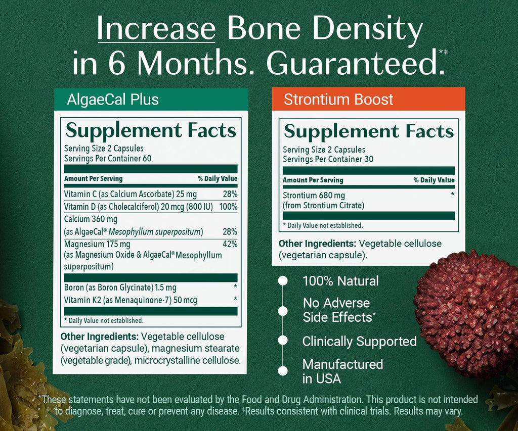 ALGAECAL Bone Builder Pack - Plant Based Calcium Supplement & Strontium - Organic Calcium 720mg with Vitamin D3 1600 IU, Vitamin K2, Magnesium, 16 Nutrients for Bone Health & Density (1-Month Supply)