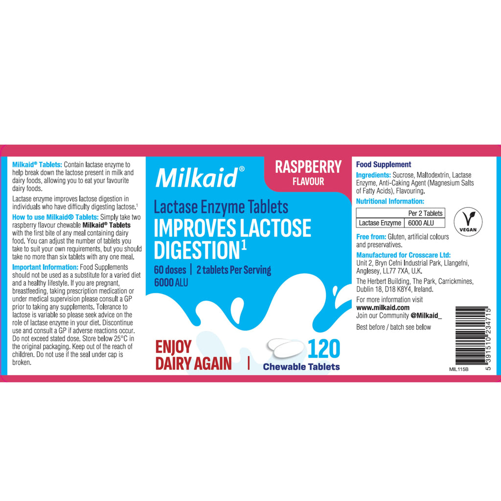 Milkaid Lactase Enzyme Chewable Tablets for Lactose Intolerance Relief | Prevents Gas, Bloating & Diarrhea | Fast Acting Dairy Digestive Supplement (120 Tablets, Raspberry)
