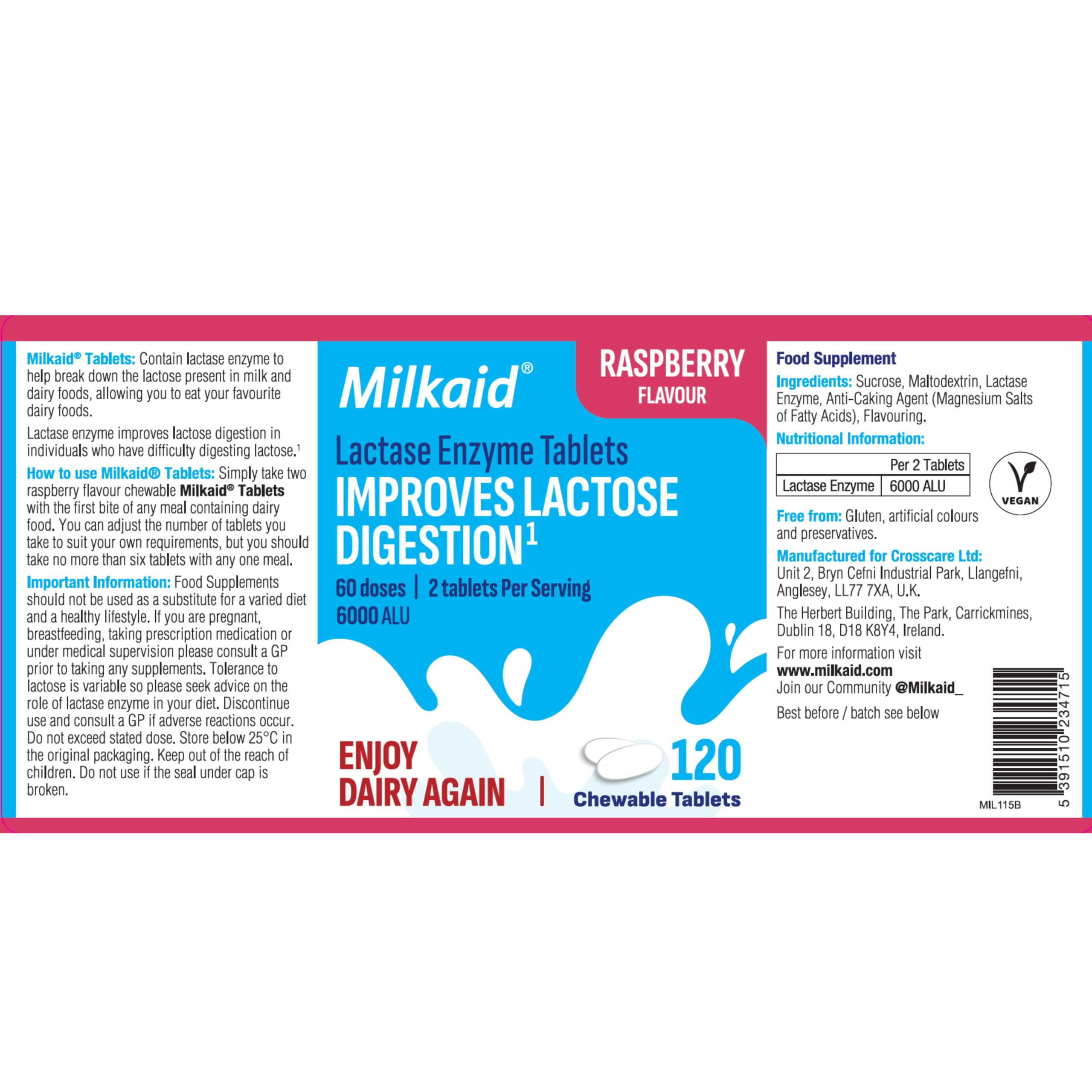 Milkaid Lactase Enzyme Chewable Tablets for Lactose Intolerance Relief | Prevents Gas, Bloating & Diarrhea | Fast Acting Dairy Digestive Supplement (120 Tablets, Raspberry)
