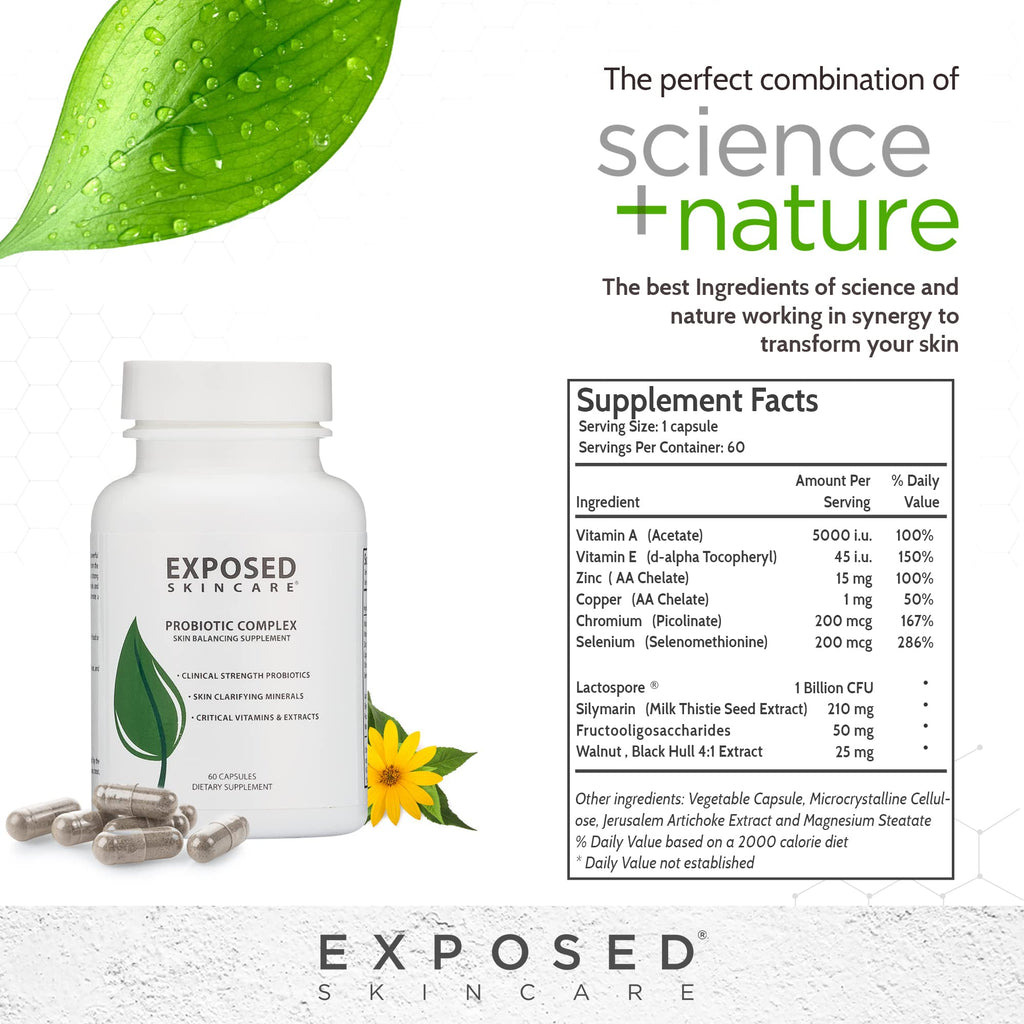 Exposed Skin Care, Probiotic Supplement Complex with 1 Billion CFU – Daily Probiotic for Skin, Gut and Immune Health Support – Digestive Wellness Formula for Men and Women – Non-GMO, 60 Capsules