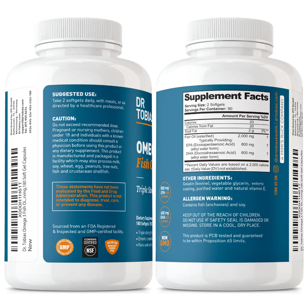 Dr. Tobias Omega 3 Fish Oil 2000mg Triple Strength with 800mg EPA 600mg DHA Per Serving | Fish Oil Omega 3 Supplements for Heart Brain & Immune Support - 180 Softgels (90 Servings)