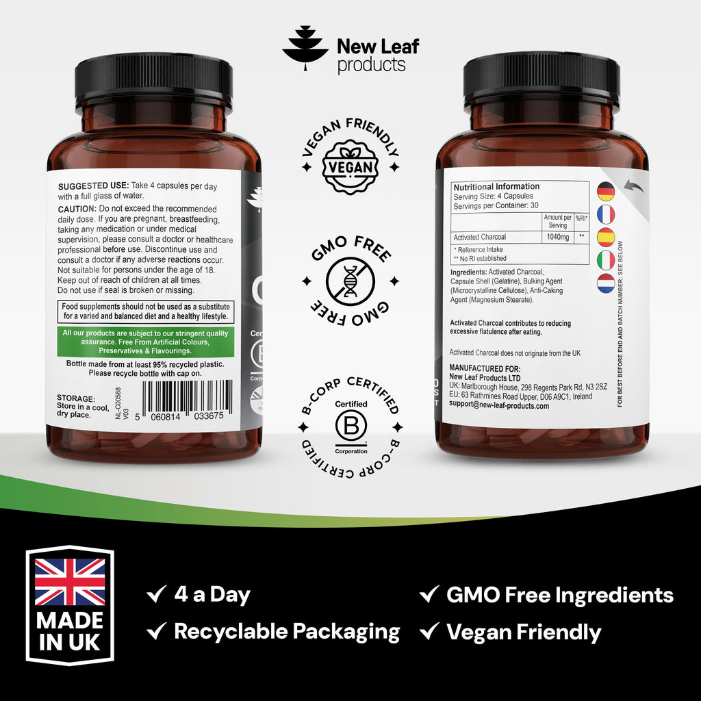 Activated Charcoal Capsules - 120 High Strength Activated Charcoal Tablets Alternative - 1040mg Per Serving, Helps Reduce Excessive Flatulence After Eating - Made in UK By New Leaf