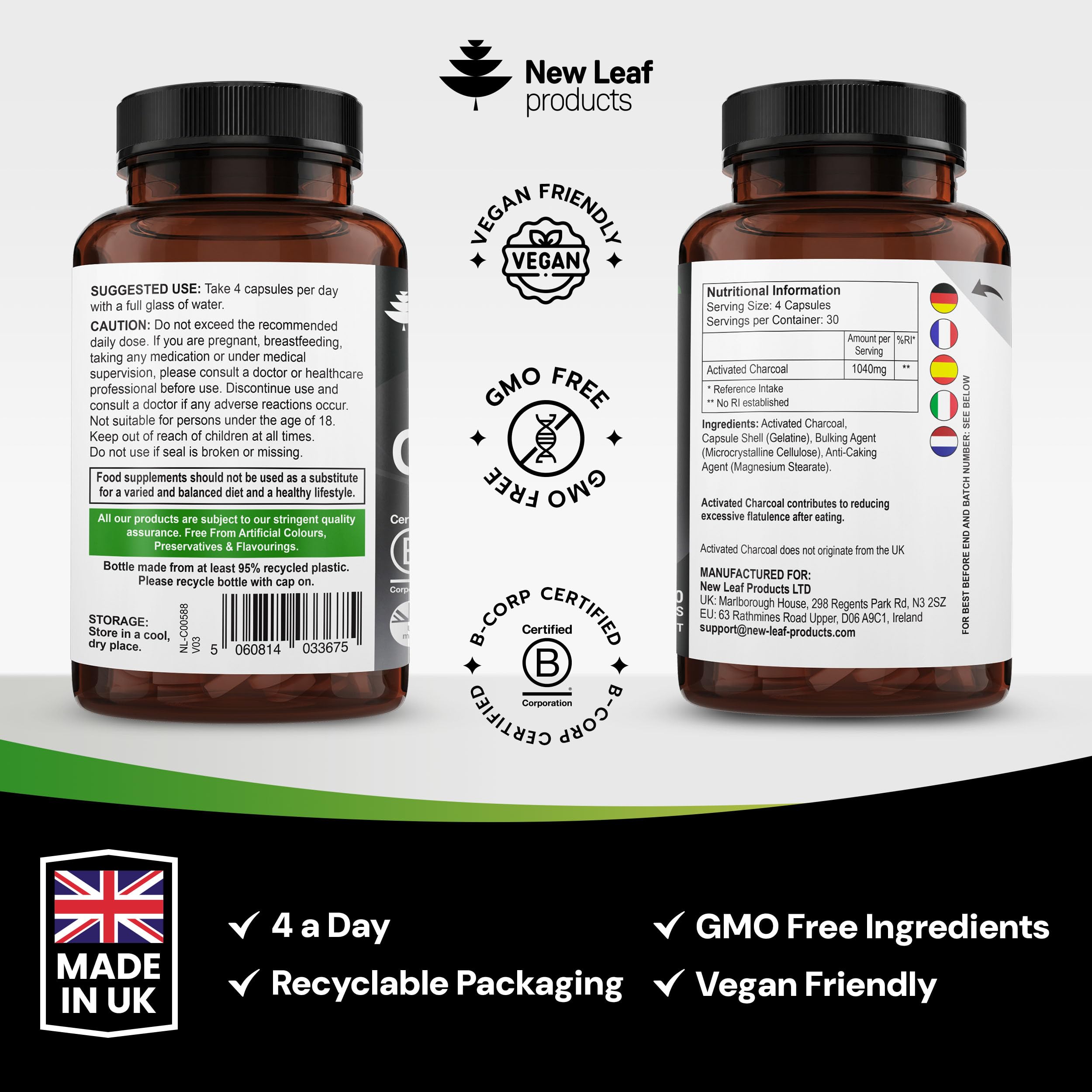 Activated Charcoal Capsules - 120 High Strength Activated Charcoal Tablets Alternative - 1040mg Per Serving, Helps Reduce Excessive Flatulence After Eating - Made in UK By New Leaf