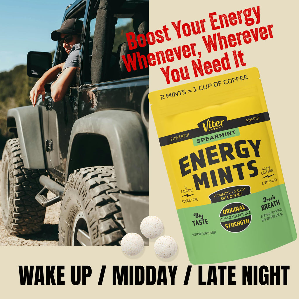 Viter Energy 40mg Caffeine Mints - Sugar Free, B Vitamins, Vegan, Boosts Fast Energized Alert Focus, Caffeinated Nootropic Supplement Pills (Spearmint Flavor, 8oz, Bulk Bag)