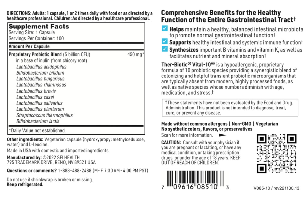 Klaire Labs SFI Health Vital-10 Probiotic - Immune & Digestive Support Supplement 5 Billion CFU 10 Species with Lactobacillus, Bifidobacterium & Streptococcus, Dairy-Free (100 Capsules, 2 Pack)