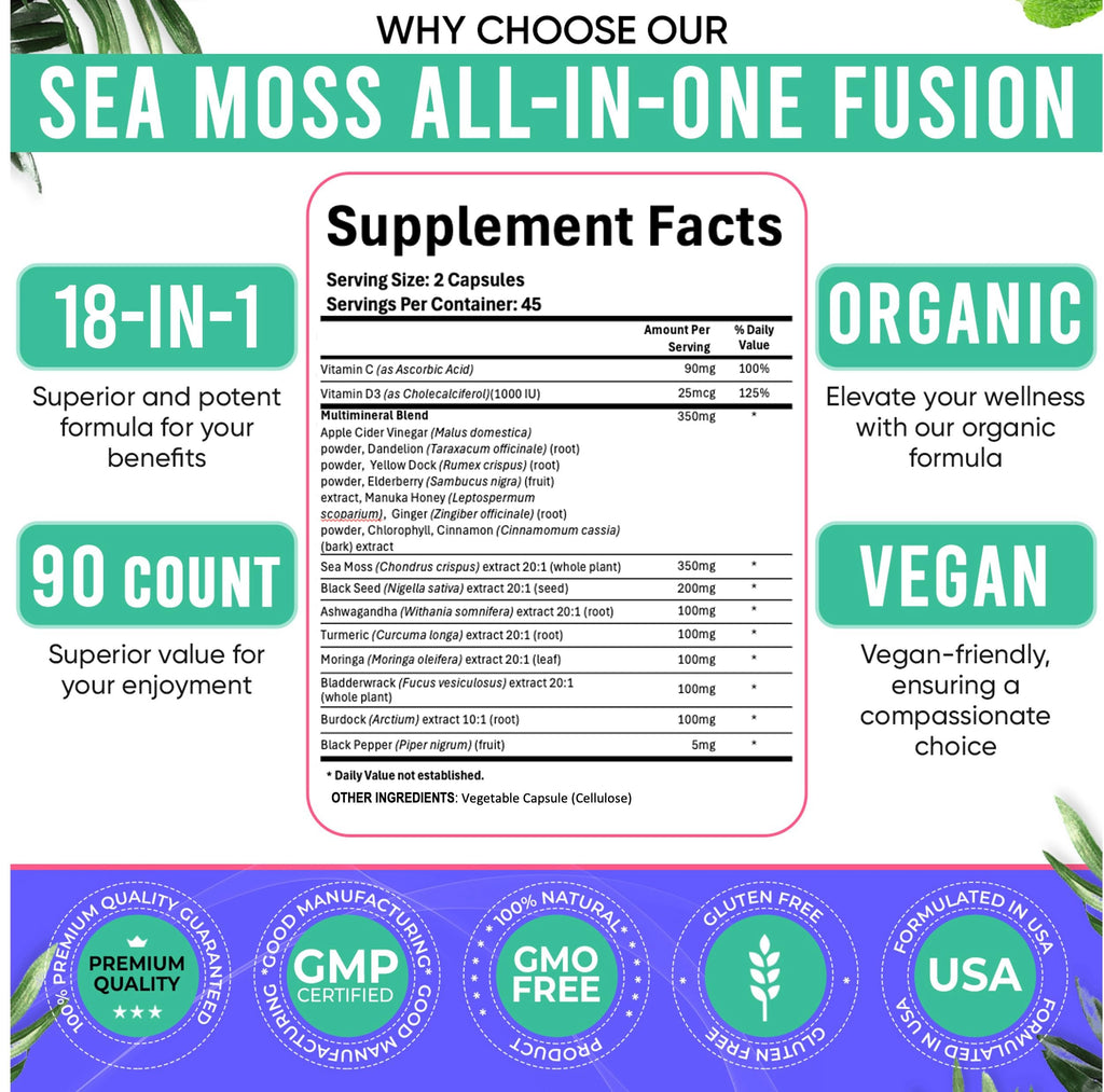 Adndale Sea Moss Capsules - Sea Moss Blend with Ashwagandha, Turmeric & Black Seed Oil - 90 Count