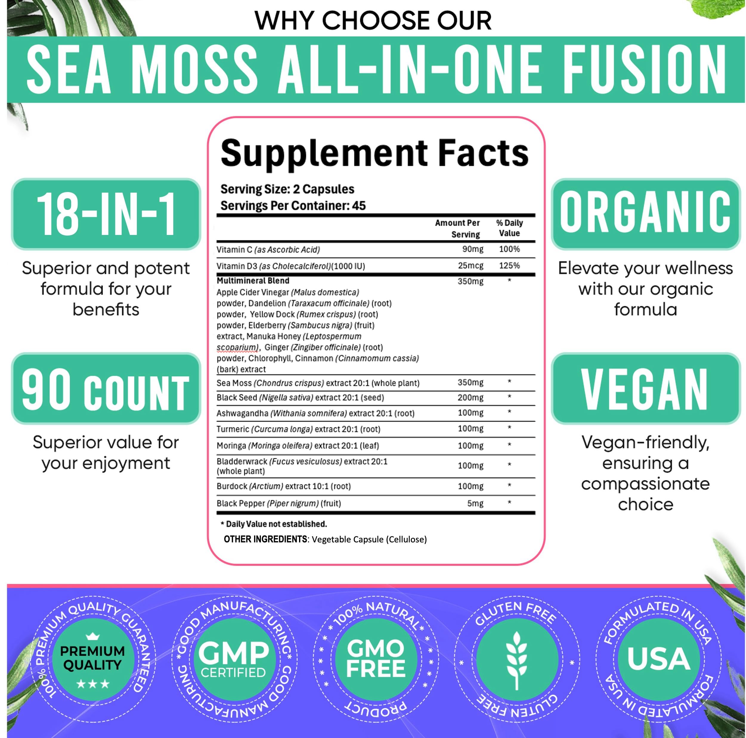 Adndale Sea Moss Capsules - Sea Moss Blend with Ashwagandha, Turmeric & Black Seed Oil - 90 Count